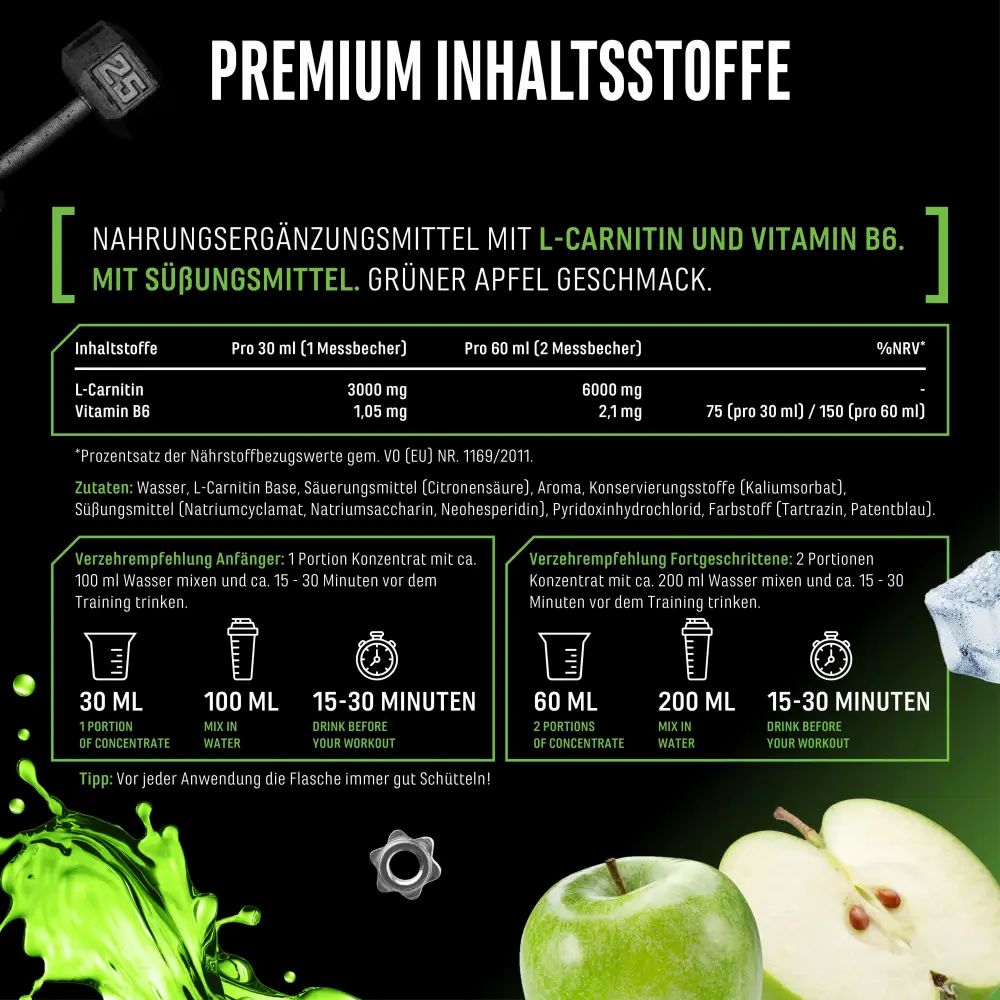 Nährwertangaben für L-Carnitin 6000.  Enthält Informationen zu L-Carnitin und Vitamin B6.  Mit Süßungsmittel. Grüner Apfel Geschmack.
