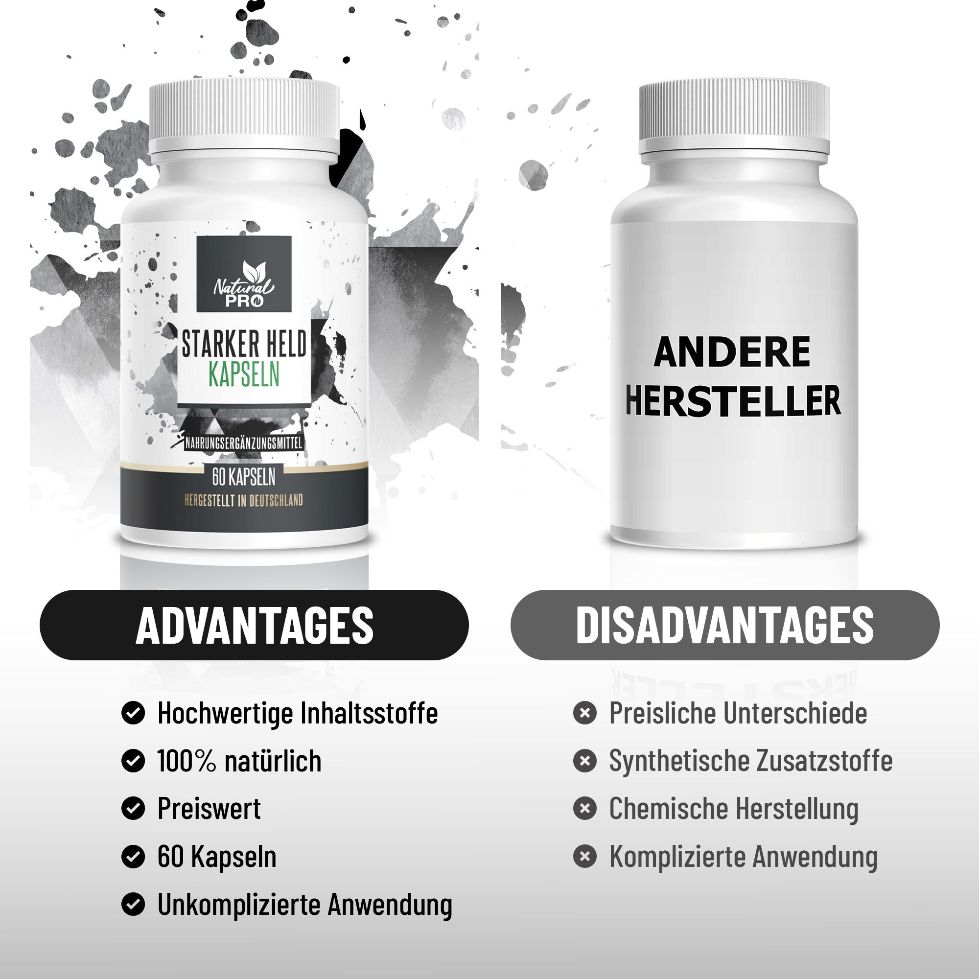 Vergleich: Starker Held Kapseln vs. anderer Hersteller. Vorteile und Nachteile werden aufgelistet.