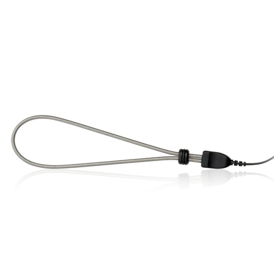 Grauer, flexibler Ring mit schwarzem Anschluss und Kabel. Der Ring ist mit einem schwarzen Element verbunden.