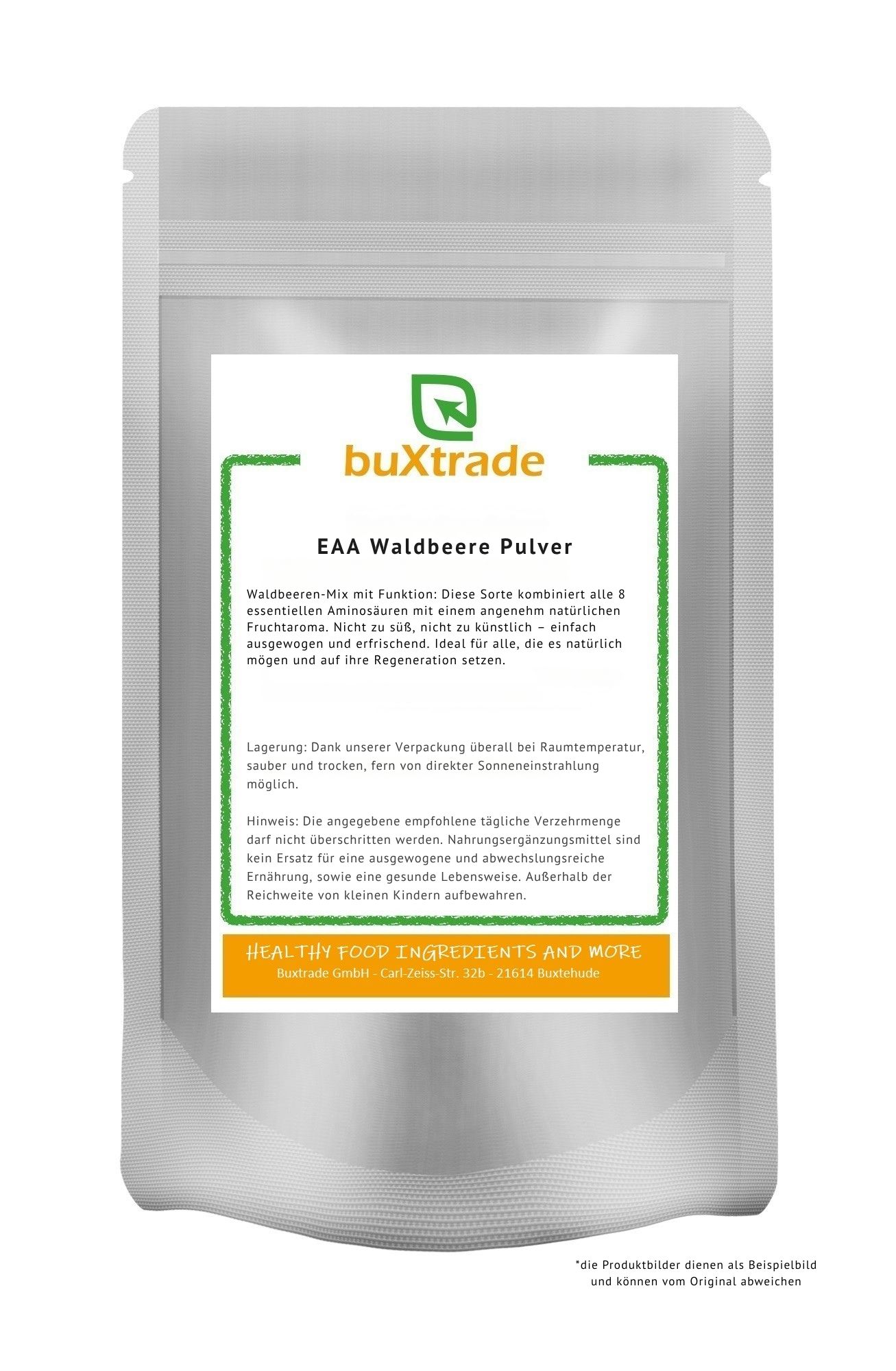Beutel mit buXtrade EAA Waldbeere Pulver. Weißer Beutel mit grünem Etikett. Text: EAA Waldbeere Pulver.