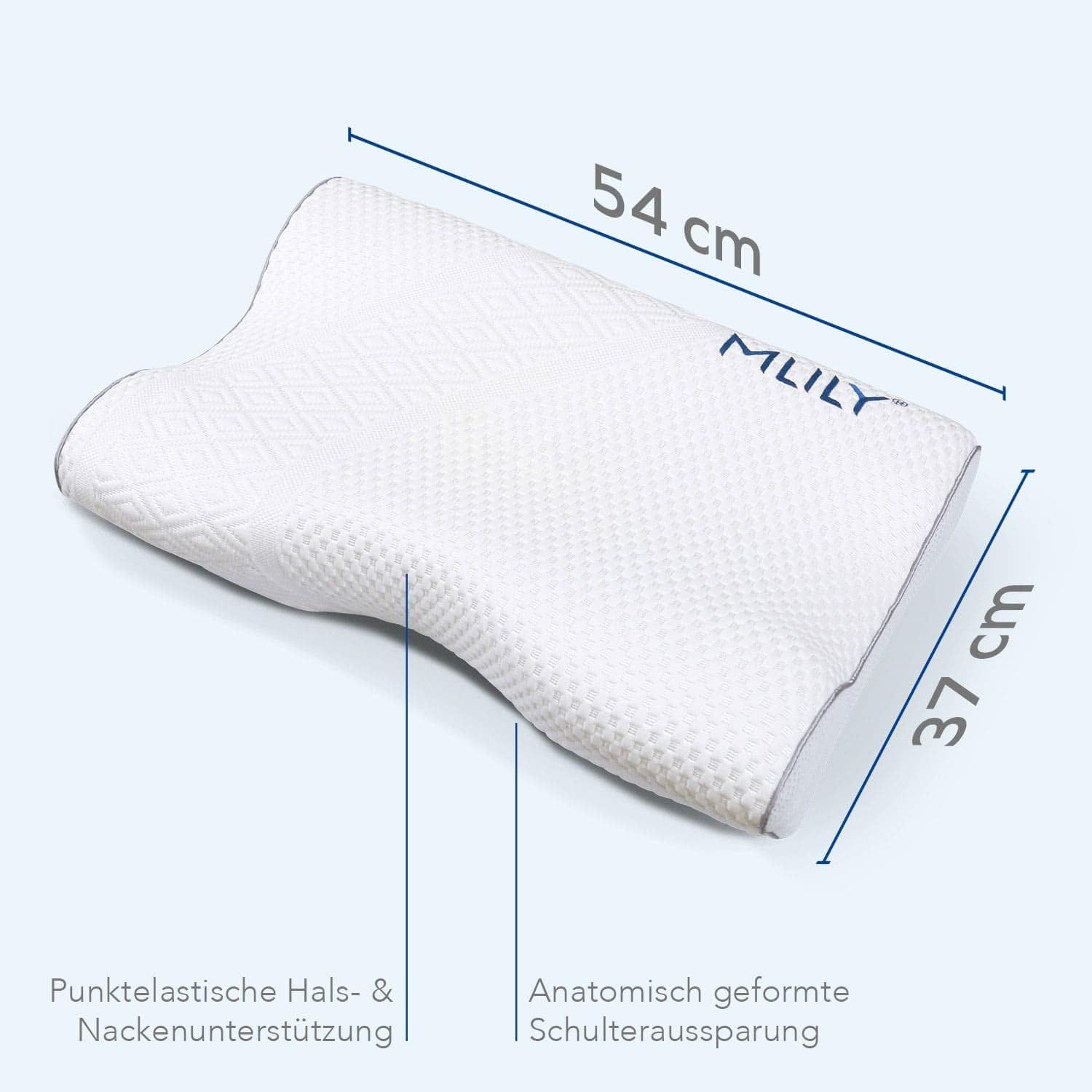 Kissen mit Maßen: 54 cm x 37 cm. Anatomisch geformte Schulteraussparung. Punktelastische Hals- & Nackenunterstützung.
