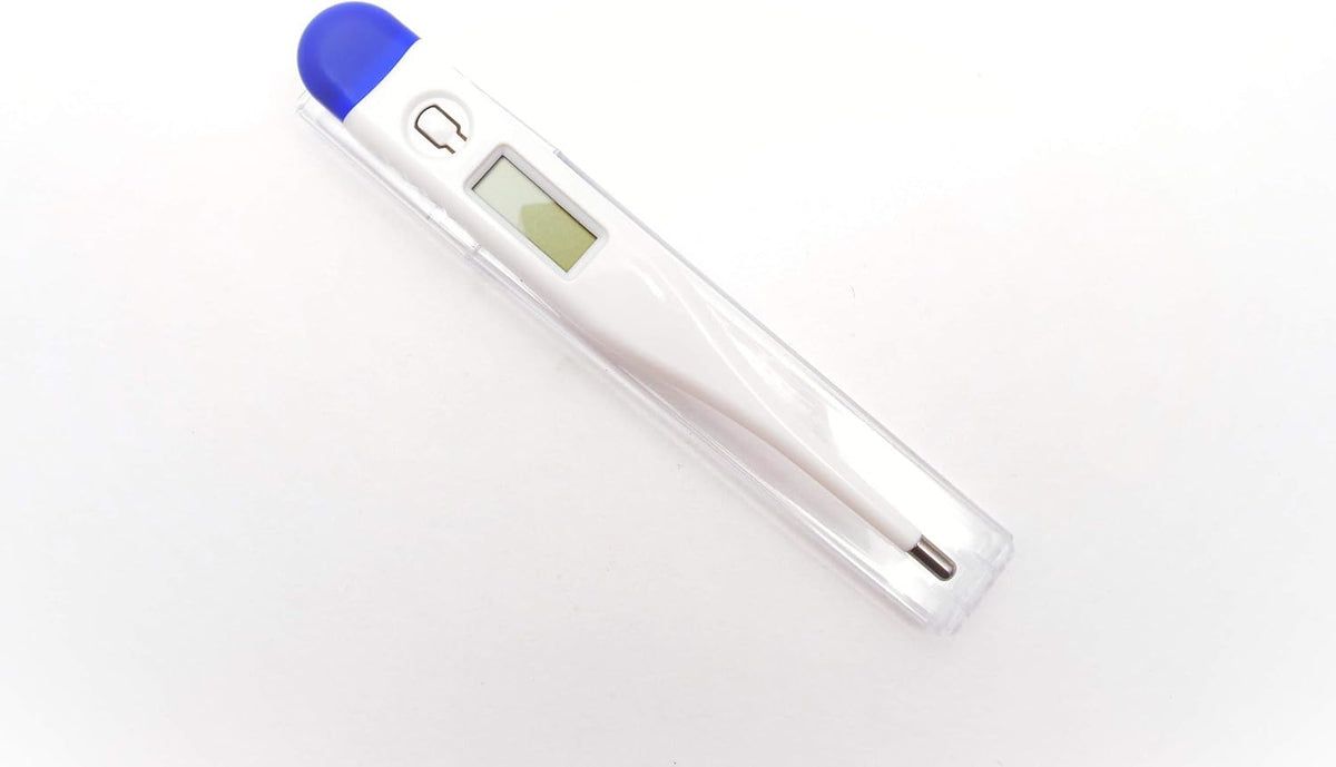 Digitales Fieberthermometer in transparenter Hülle. Weißes Thermometer mit blauem Ende und Display.