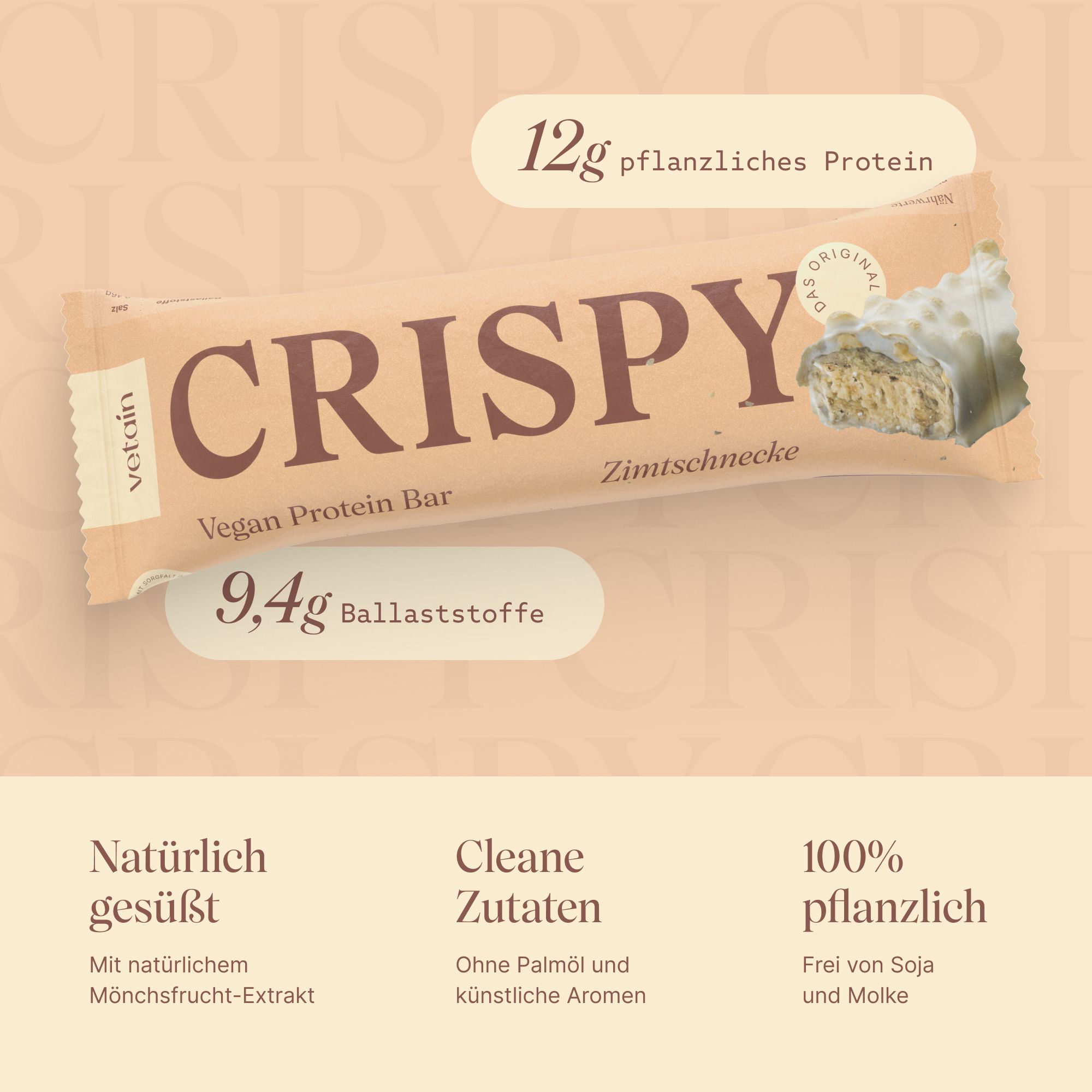 VETAIN Crispy veganer Proteinriegel mit 12g Protein und 9,4g Ballaststoffen.