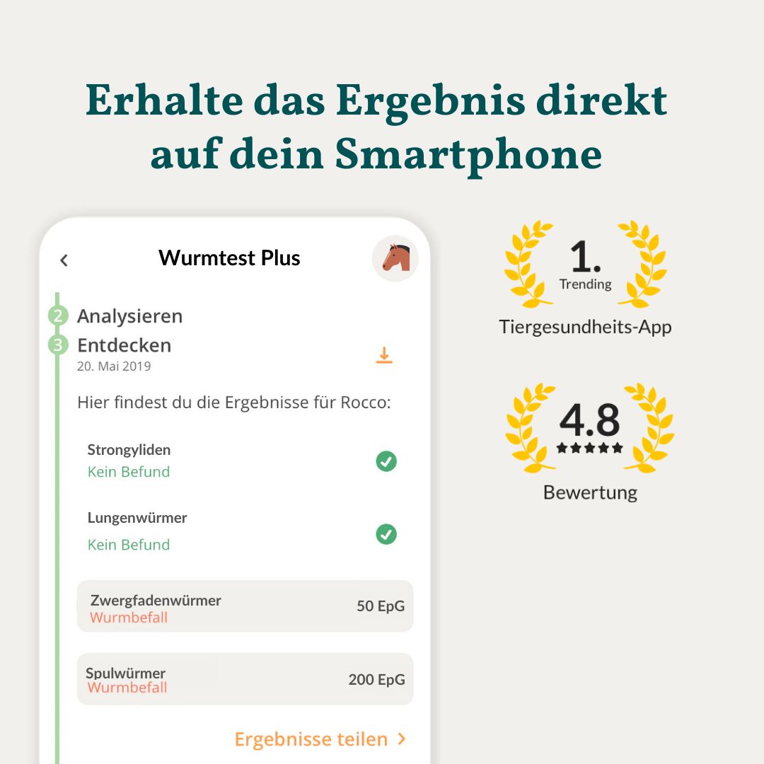 Screenshot einer App mit Testergebnissen für Pferde, Auszeichnungen für Tiergesundheit.