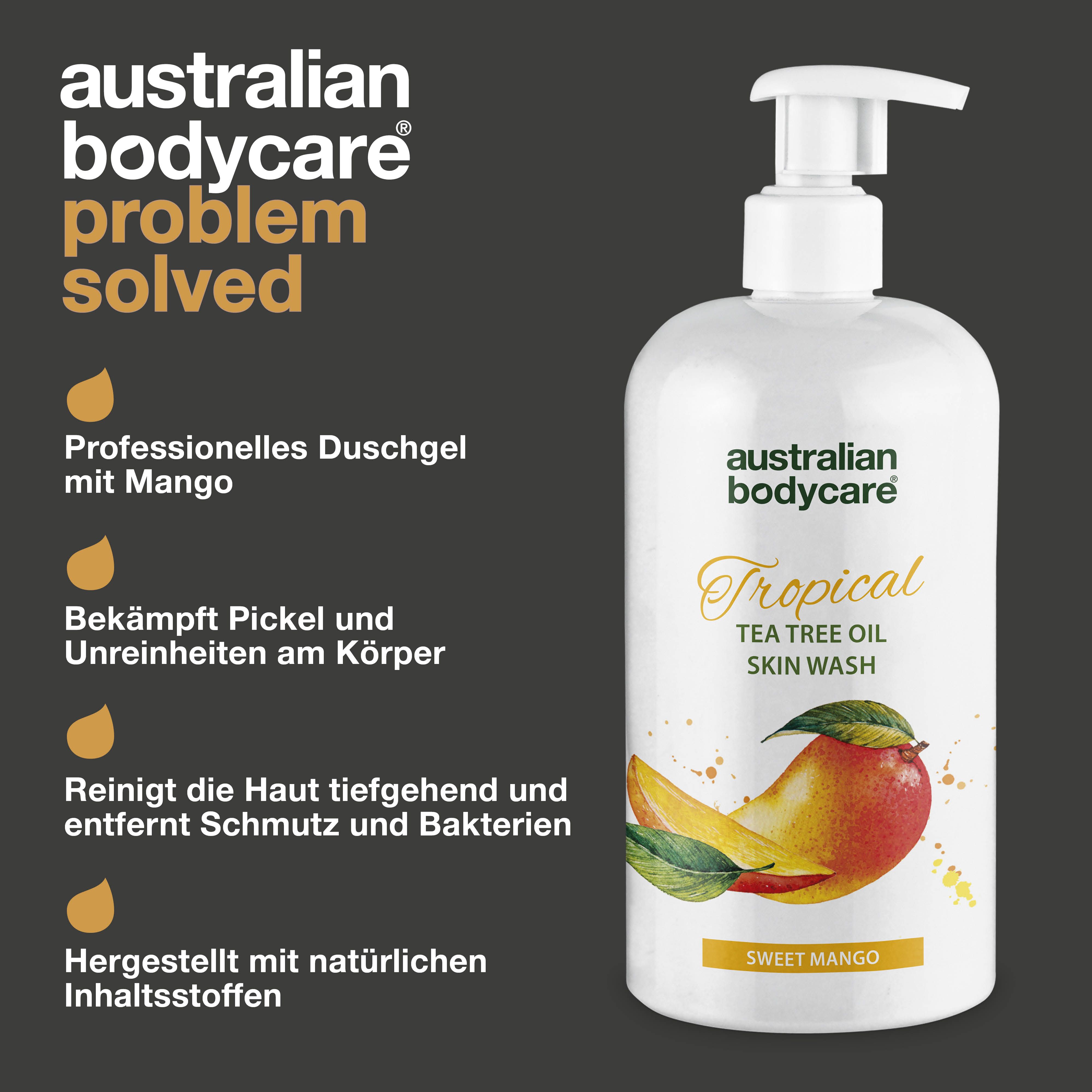 Flasche mit Mango-Duschgel. Text: Australian Bodycare, Professionelles Duschgel mit Mango. Text: Bekämpft Pickel und Unreinheiten.
