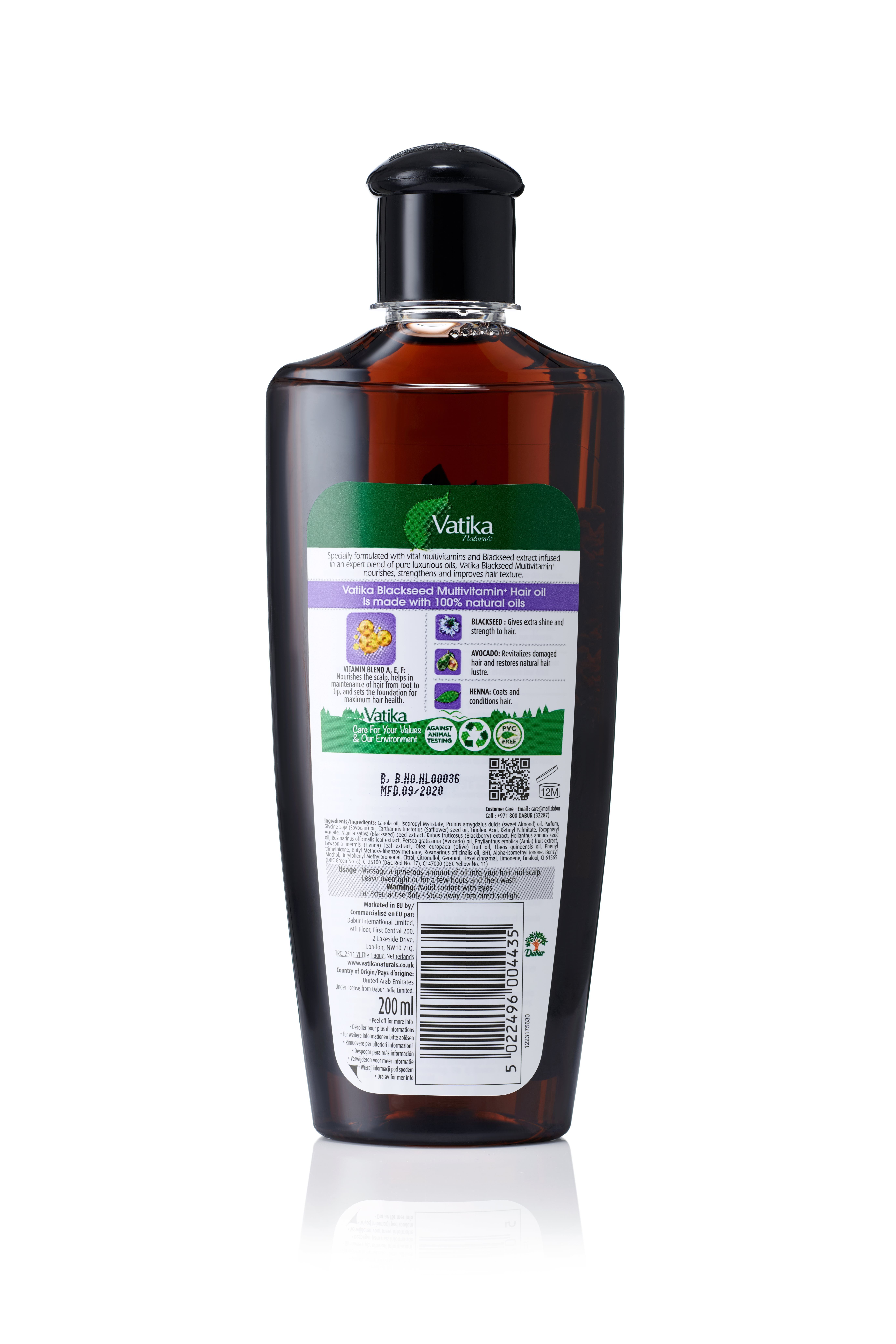 Rückseite der Vatika Naturals Schwarzkümmel Haaröl Flasche. Etikett mit Text, Logos und QR-Code. 200 ml.