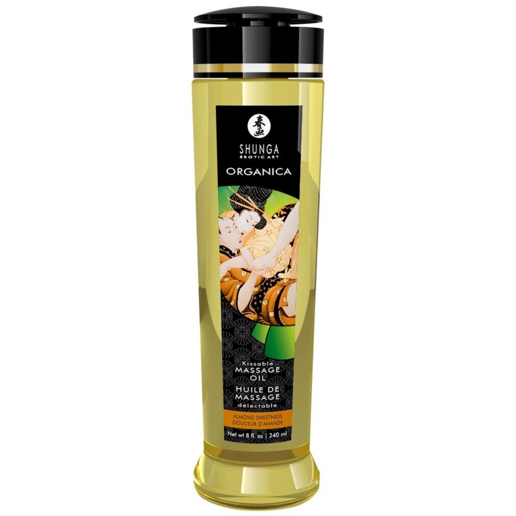 Zylindrische Flasche Massageöl. Schwarzer Deckel, gelbes Öl, Etikett mit Schriftzug und Abbildung. "Almond Sweetness" steht unten.