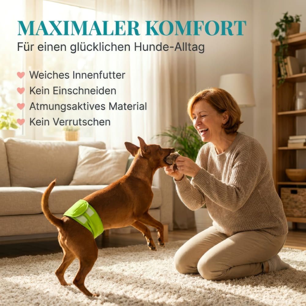 Frau spielt mit Hund, der grüne Windel trägt. Text: Weiches Innenfutter, kein Einschneiden, atmungsaktives Material.