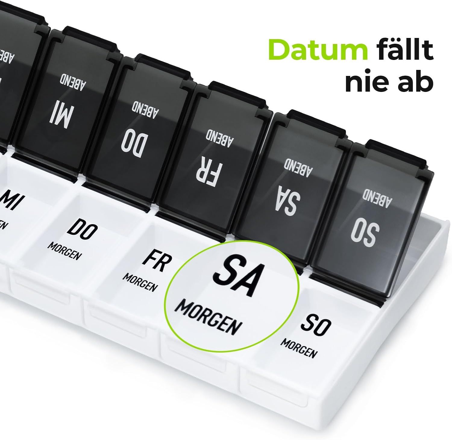 7-Tage Pillendose mit Fächern für Morgen und Abend.