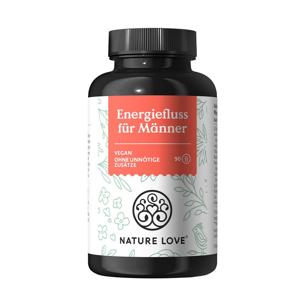 Schwarze Flasche mit Kapseln. Etikett mit "Energiefluss für Männer", Logo und 90 Kapseln. Vegan, ohne Zusätze.