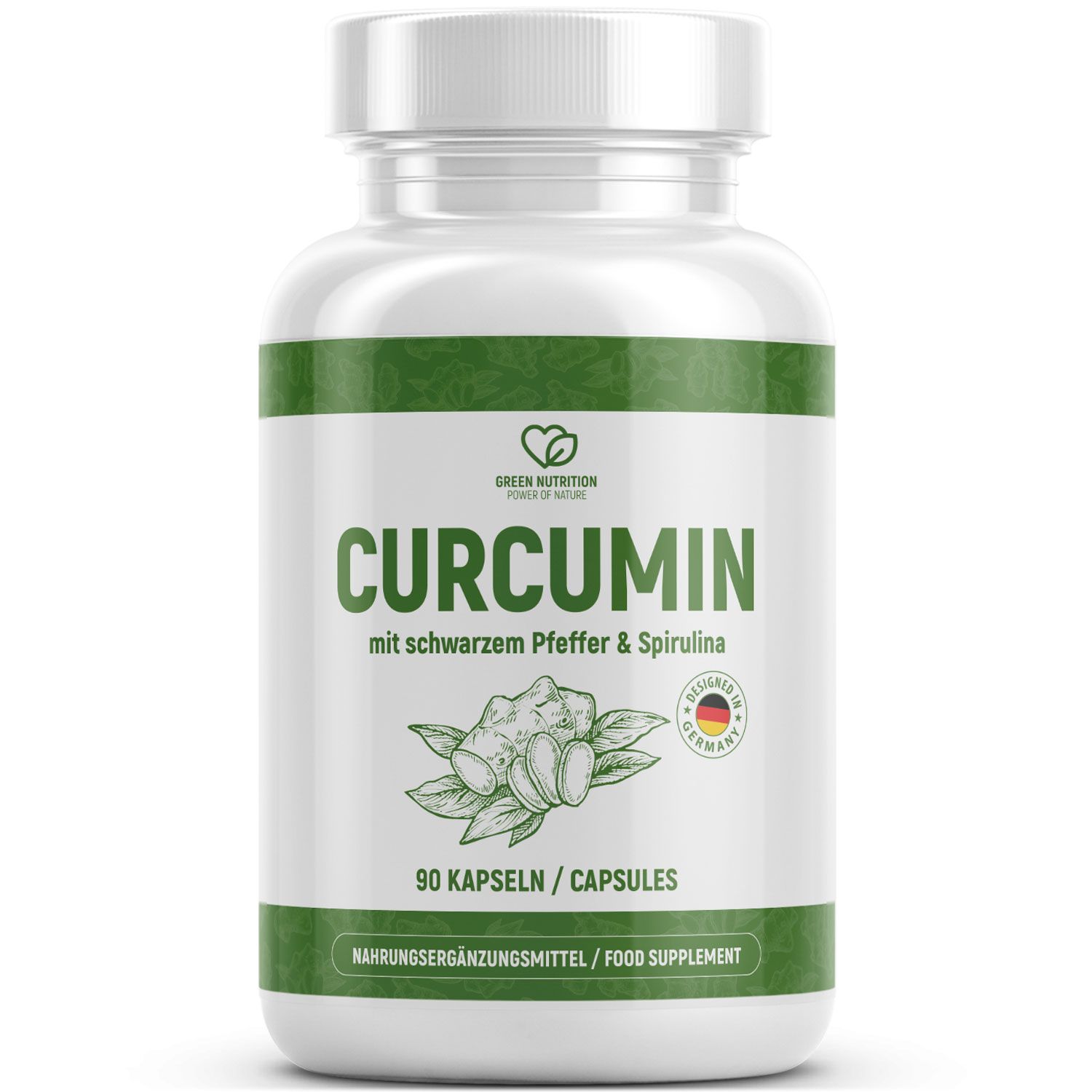 Weiße Flasche mit grüner Beschriftung. CURCUMIN-Kapseln mit schwarzem Pfeffer und Spirulina. 90 Kapseln. Hergestellt in Deutschland.