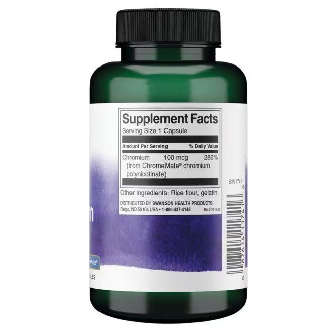 Rückseite der grünen Flasche. Etikett mit Nährwertangaben, "Chromium 100 mcg" und Inhaltsstoffen. Barcode.