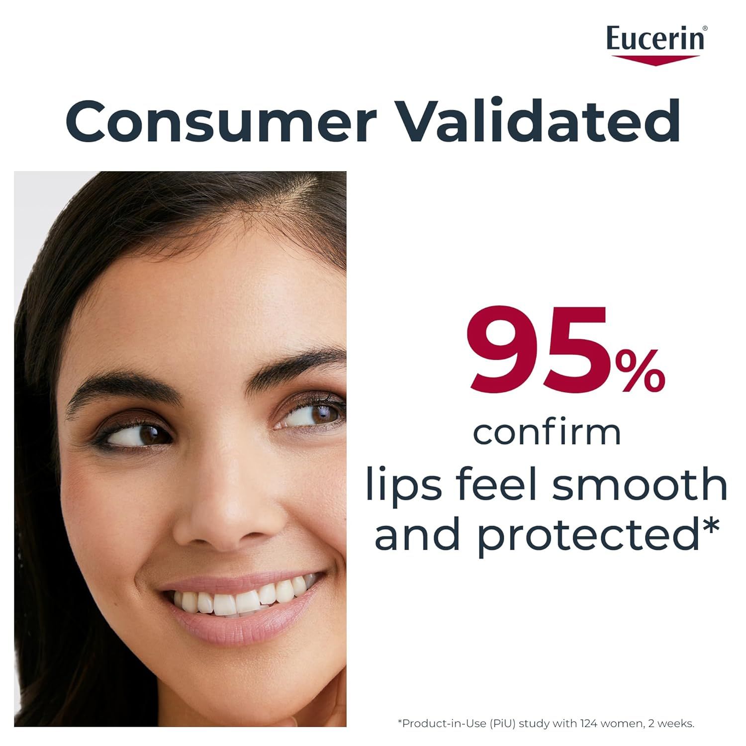 Junge Frau. Text: Consumer Validated, 95% bestätigen, dass sich die Lippen glatt und geschützt anfühlen.