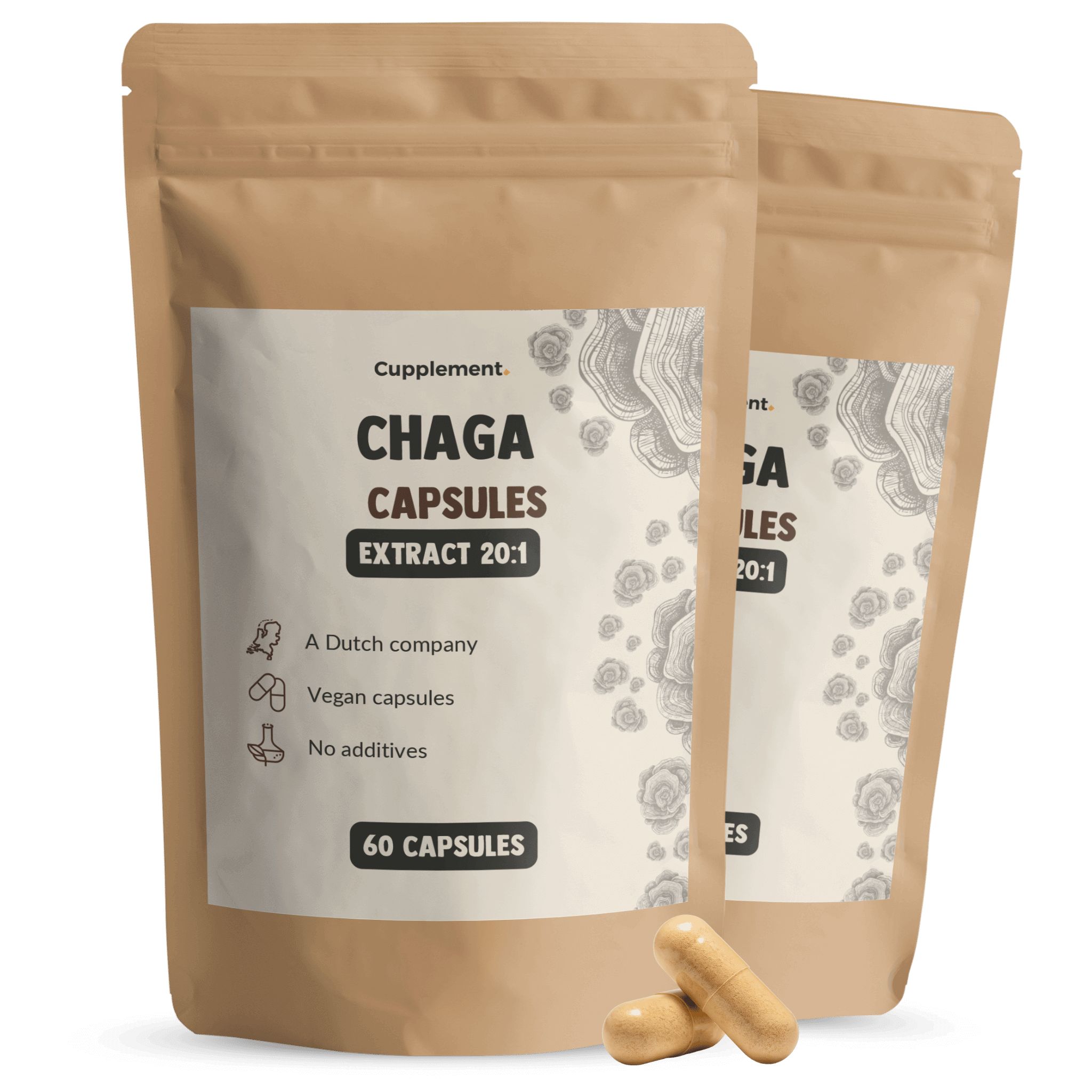 Zwei Beutel mit Chaga-Kapseln. Aufschrift: Chaga Capsules Extract 20:1, 60 Kapseln. Daneben liegen Kapseln.
