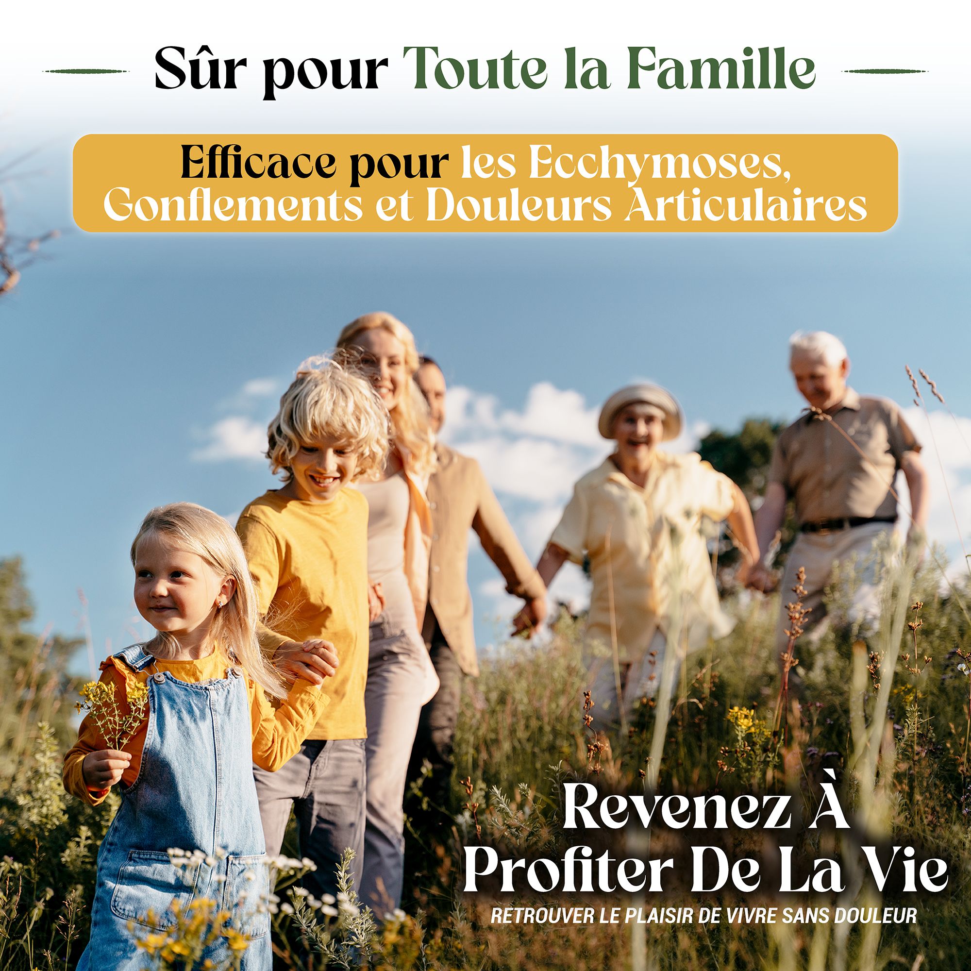 Familie geht im Freien spazieren. Text: Sicher für die ganze Familie. Wirksam bei Blutergüssen, Schwellungen und Gelenkschmerzen.