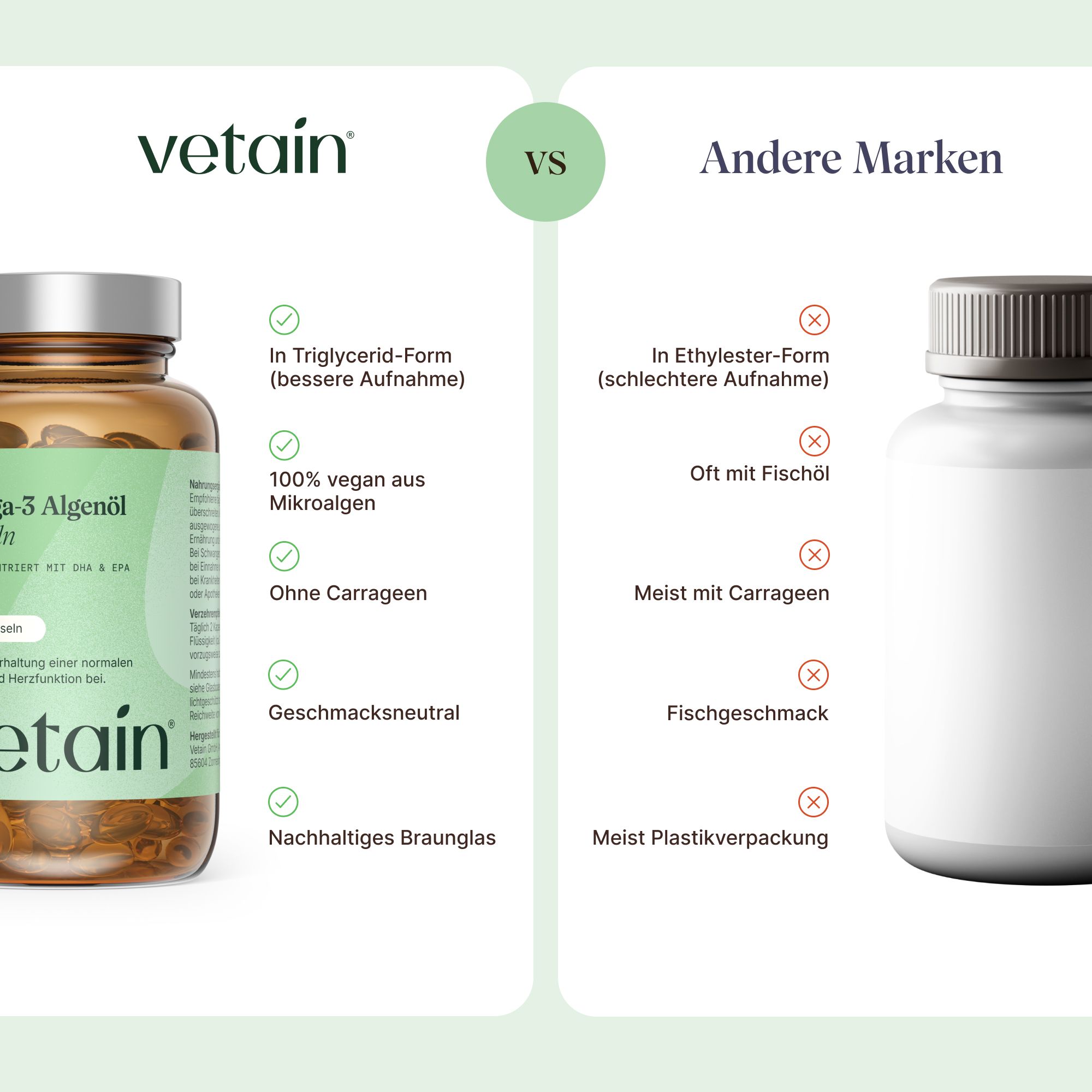 Vergleich VETAIN Omega-3 Algenöl vs. andere Marken: Triglycerid-Form, vegan, ohne Carrageen.