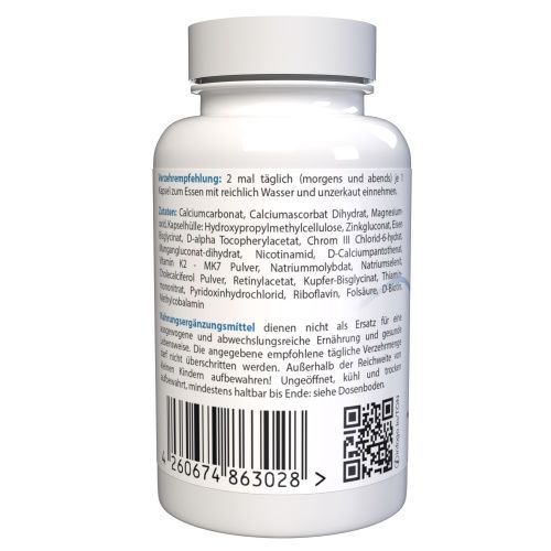 Rückseite einer weißen Flasche. Enthält Informationen und Inhaltsstoffe. Barcode und QR-Code.