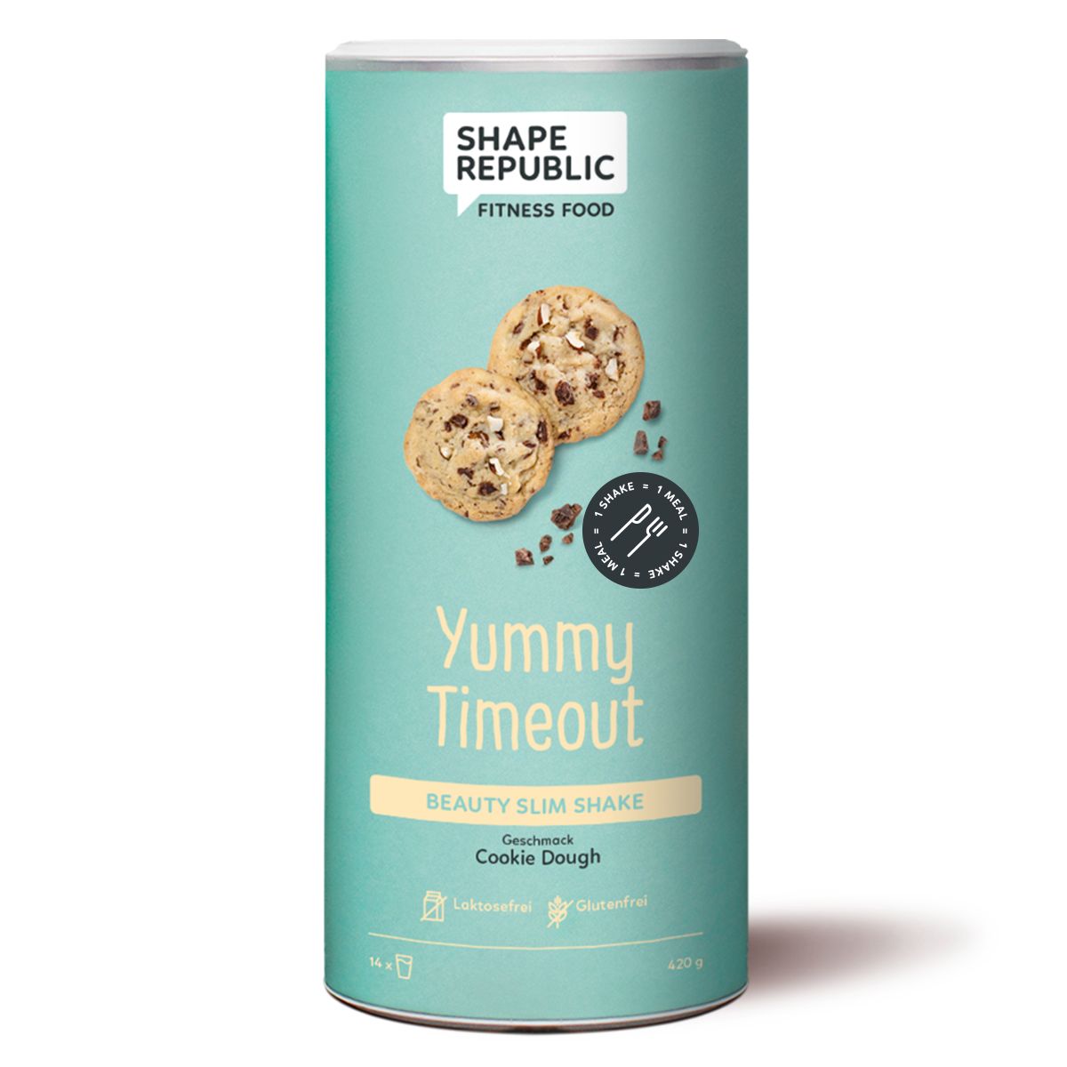 Zylindrische Dose mit "Shape Republic" und "Yummy Timeout" Aufdruck. Abbildung von Keksen. Text: "Beauty Slim Shake", "Cookie Dough".