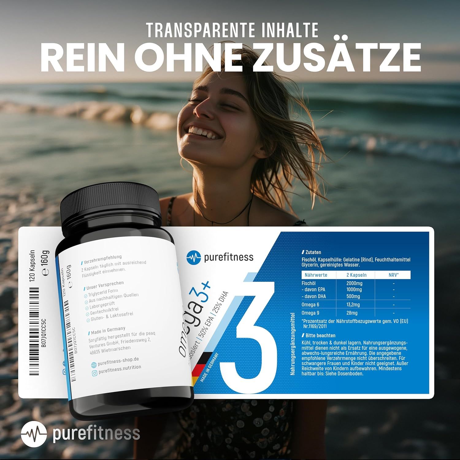 Omega 3+ Flasche und Verpackung. Text: Transparente Inhalte, rein ohne Zusätze. Aufschrift: purefitness, 120 Kapseln, 160g.