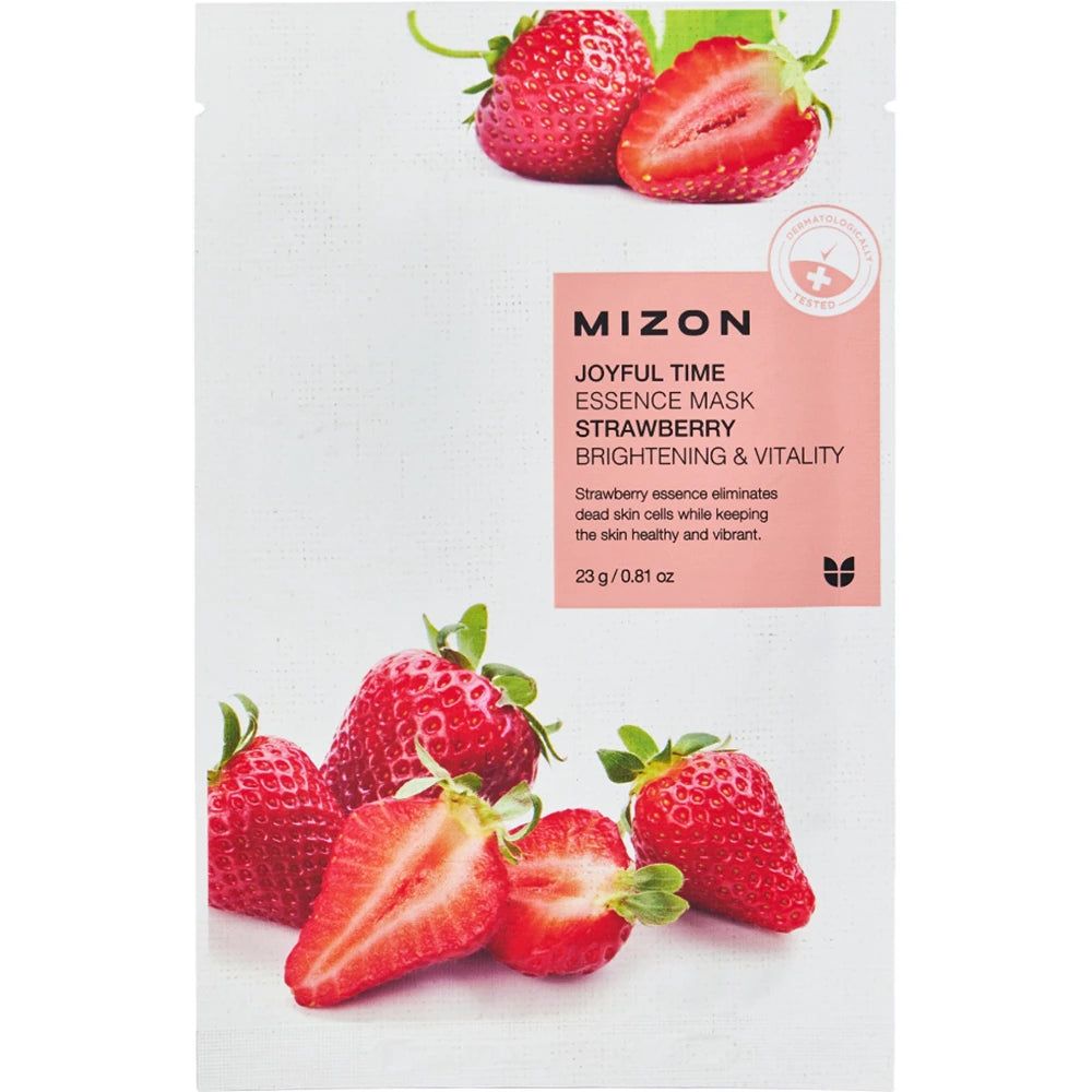 Verpackung mit Erdbeeren und Text: MIZON Joyful Time Essence Mask Strawberry. Helligkeit & Vitalität. 23 g / 0,81 oz.