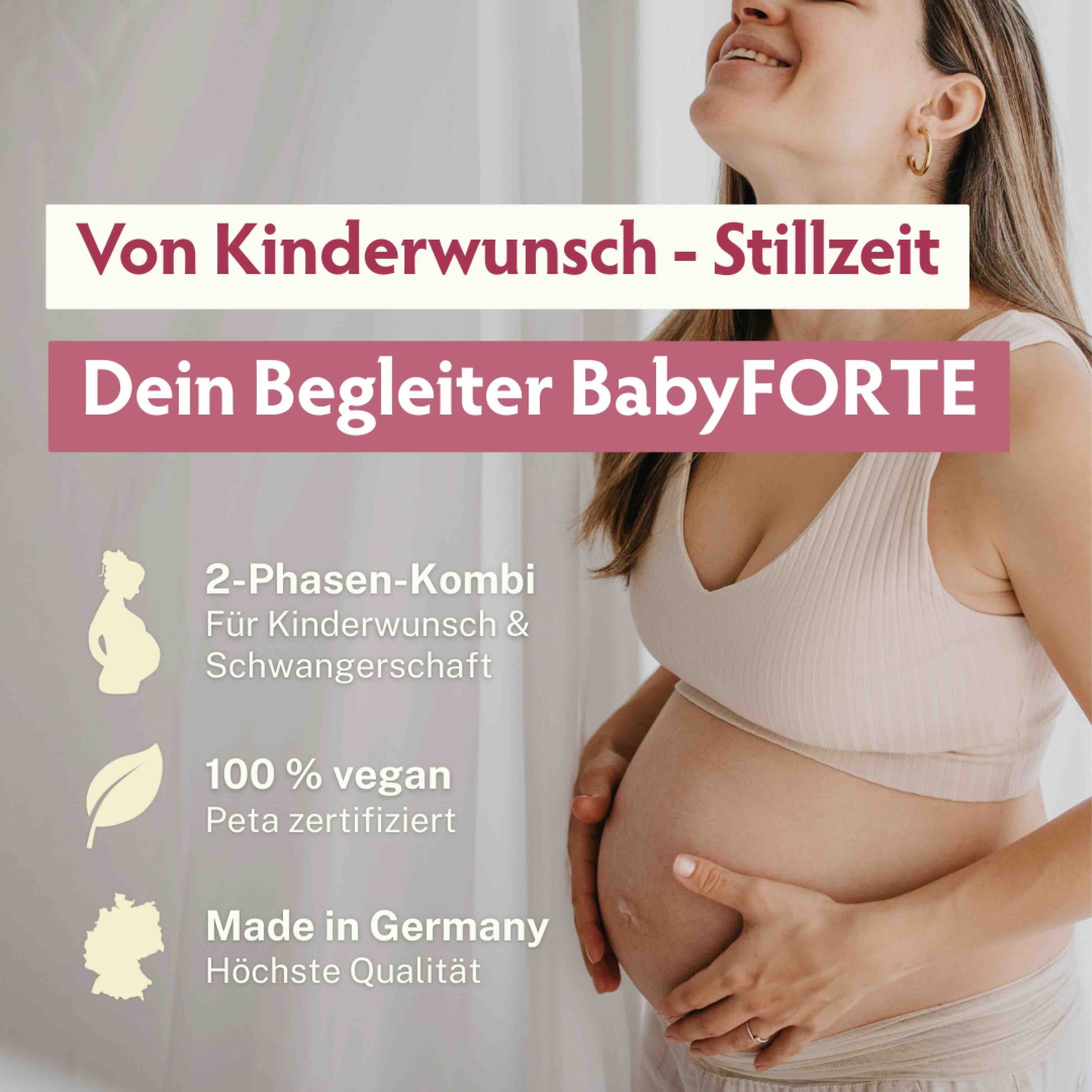 BabyFORTE. Dein Begleiter von Kinderwunsch bis Stillzeit. 2-Phasen-Kombi. 100% vegan. Peta zertifiziert. Made in Germany.