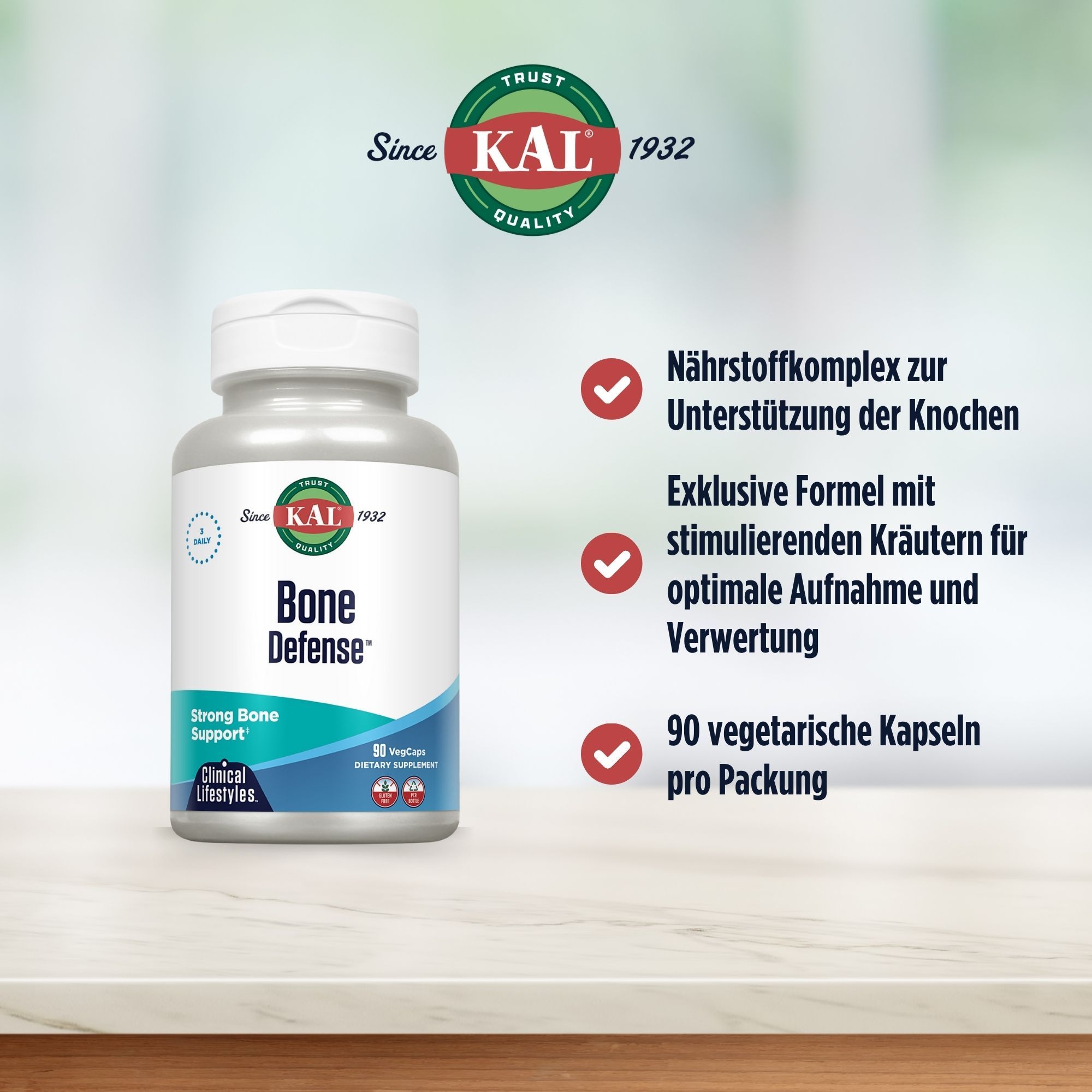 Eine Flasche Bone Defense auf einem Tisch. Auf der Flasche steht Bone Defense und das Logo von KAL. 90 vegetarische Kapseln.