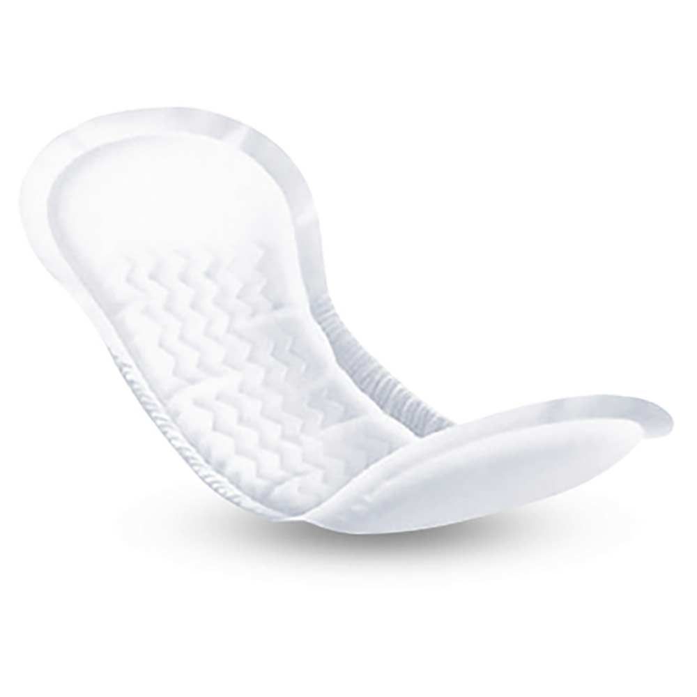Weißer, anatomisch geformter Inkontinenzeinlage. Mit wellenförmiger Oberfläche. Produktmerkmal nicht erkennbar.
