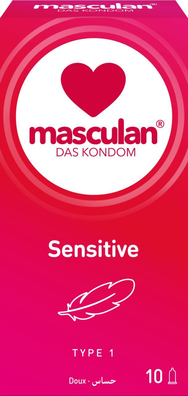 Packung Masculan Typ 1 Sensitive Kondome, 10 Stück. Rote Verpackung mit Herz- und Feder-Symbol.