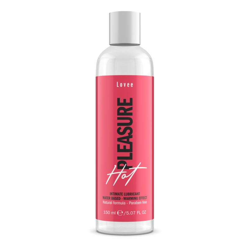 Transparente Flasche mit rosa Etikett. Aufschrift: PLEASURE Hot, Intim-Gleitmittel, 150 ml. Marke: Lovee.