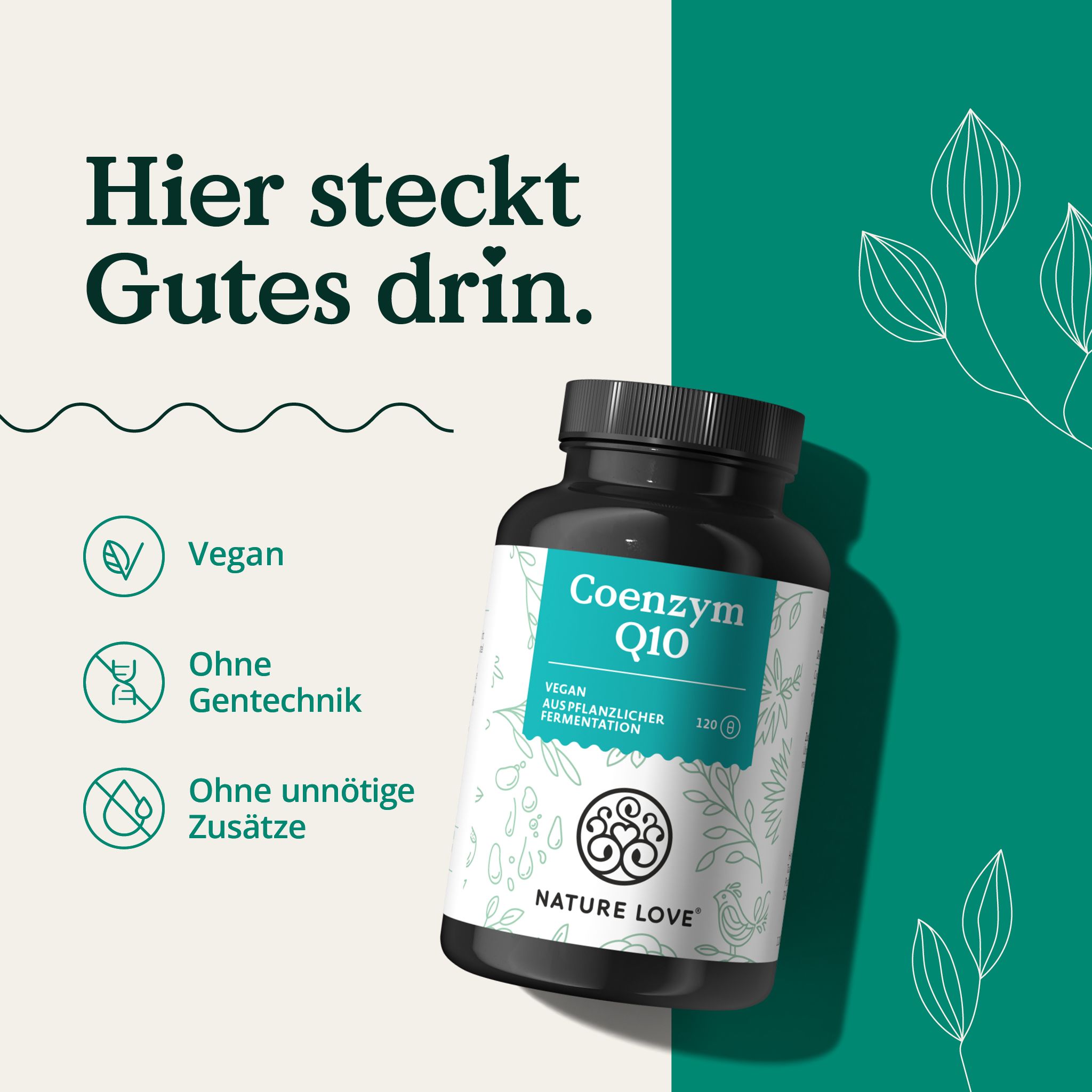Schwarze Flasche mit weißem Etikett. Text: Vegan, ohne Gentechnik, ohne unnötige Zusätze. Aufschrift: Coenzym Q10. Marke: NATURE LOVE®.