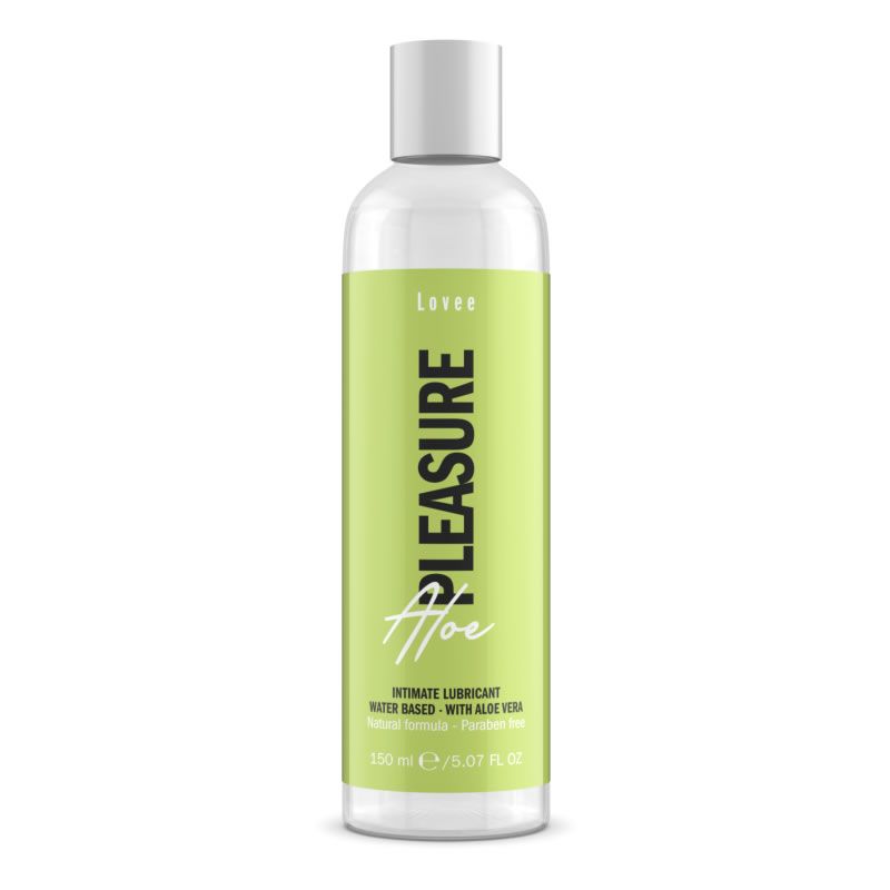 Transparente Flasche mit grünem Etikett. Aufschrift: PLEASURE, Aloe. Intim-Gleitmittel, wasserbasiert, mit Aloe Vera. 150 ml.
