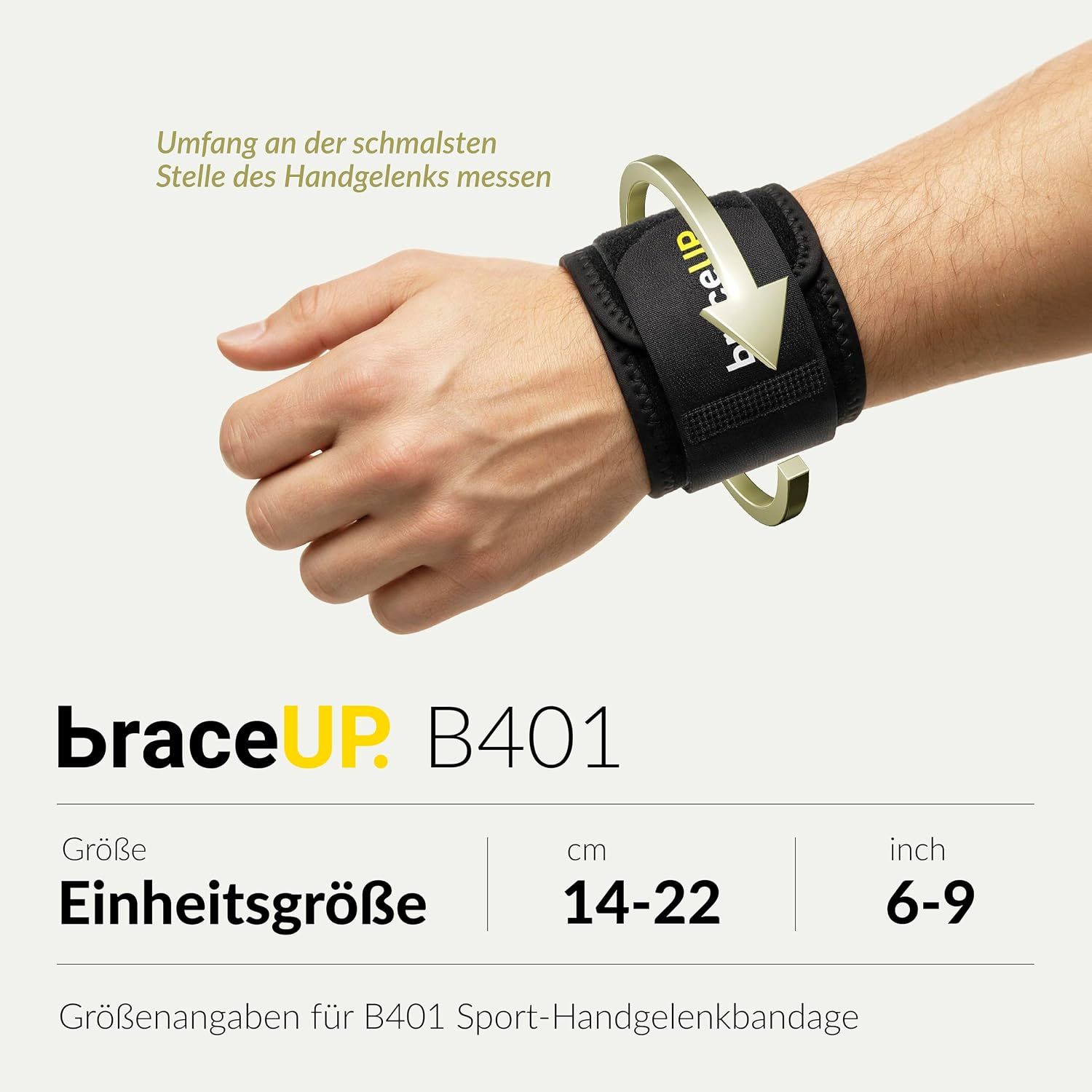 Handgelenkbandage mit Schnürung und Klettverschluss, am Handgelenk getragen.