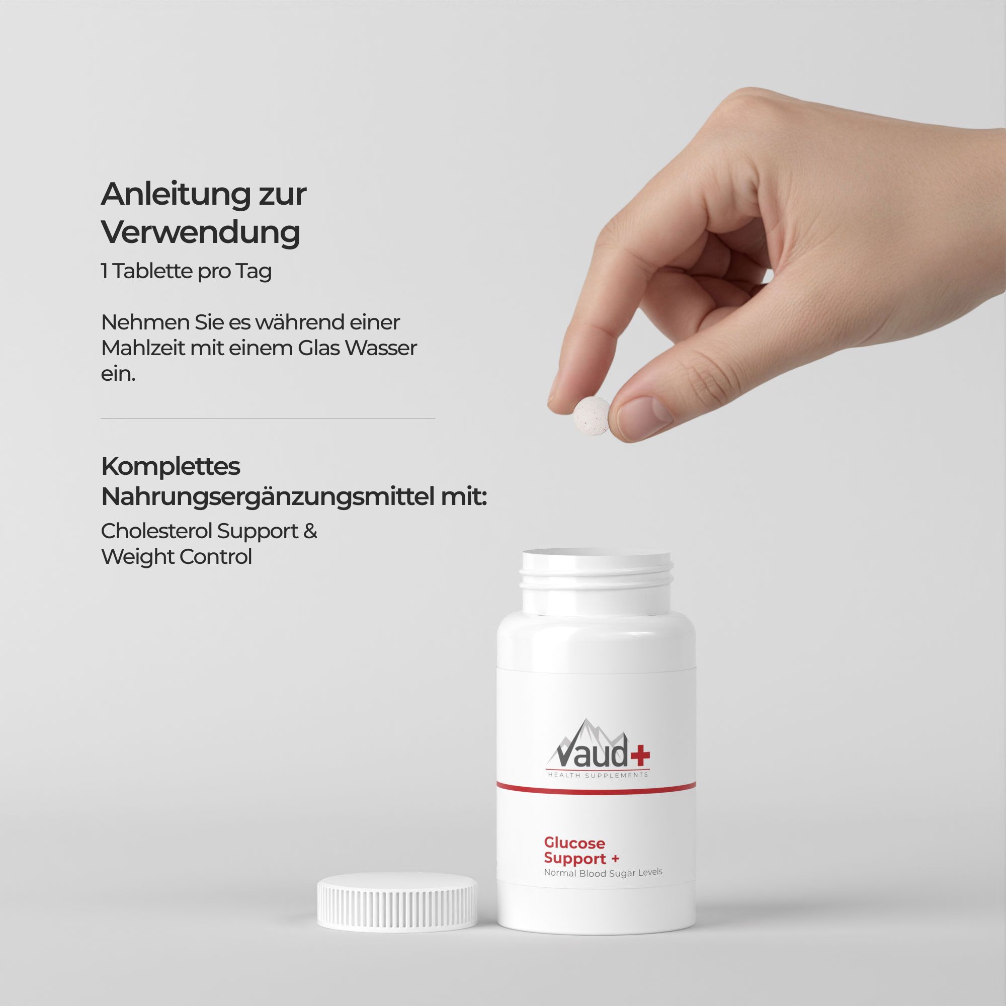 Hand legt Tablette in die Nähe einer weißen Flasche. Text: Anleitung zur Verwendung, 1 Tablette pro Tag. Ergänzungsmittel.