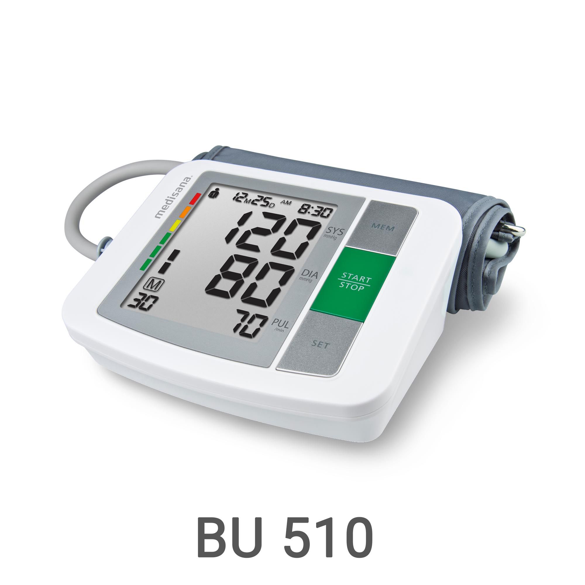 Weißer Oberarm-Blutdruckmesser BU 510 mit großem Display und grüner Start-Taste.