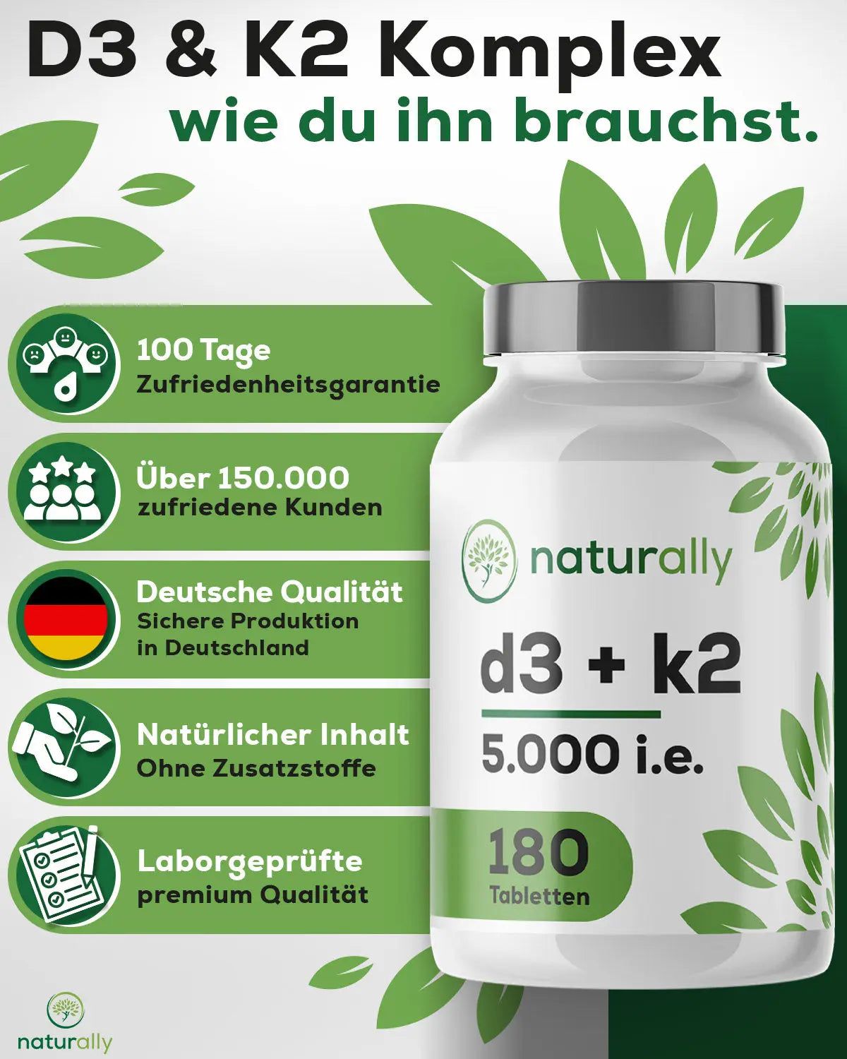 Weiße Flasche mit 'naturally d3 + k2 5.000 i.E. 180 Tabletten'. Grün hinterlegt mit Blättern und Logos.