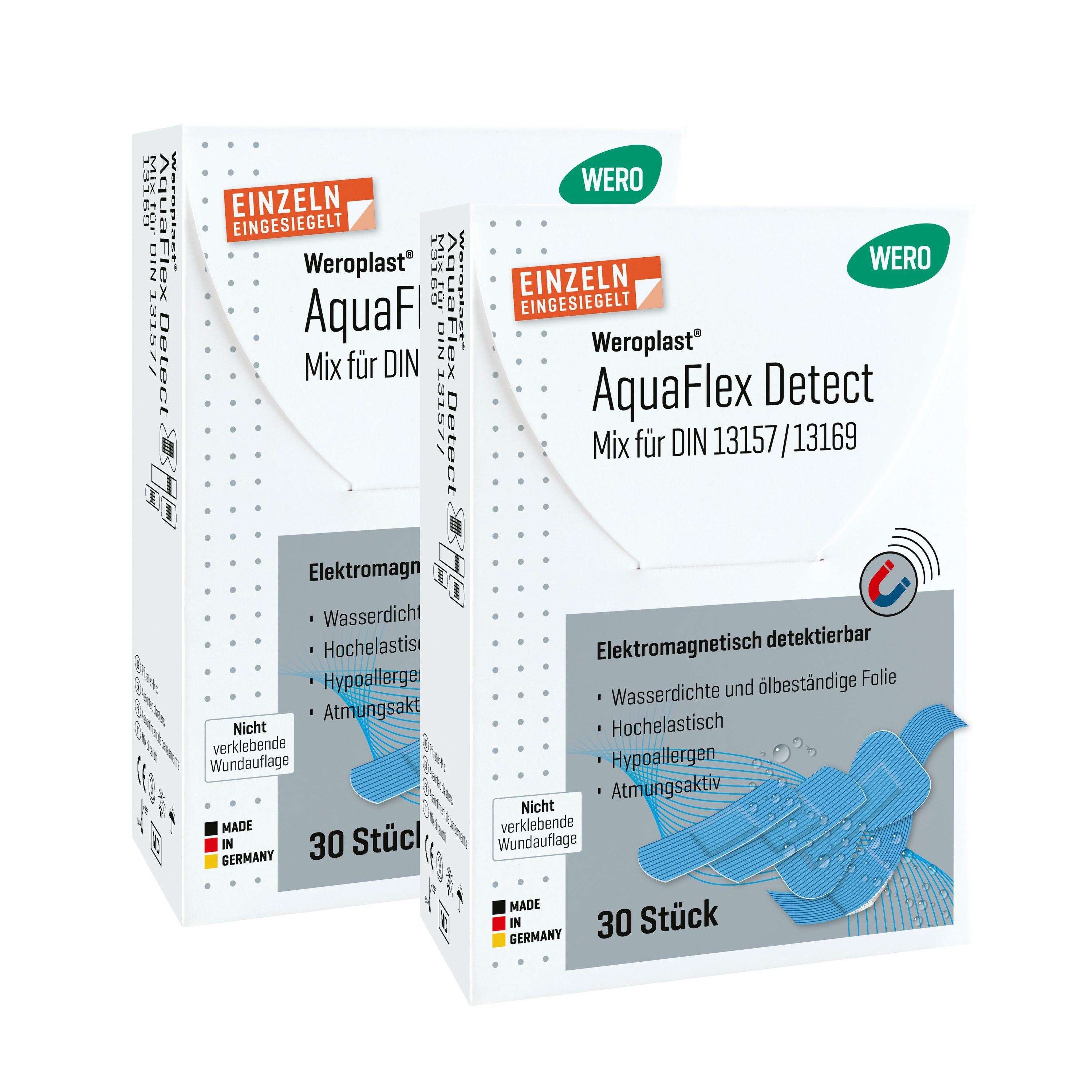 Zwei Packungen WERO Weroplast AquaFlex Detect Pflaster. Einzeln versiegelt. 30 Stück pro Packung. Elektromagnetisch detektierbar.