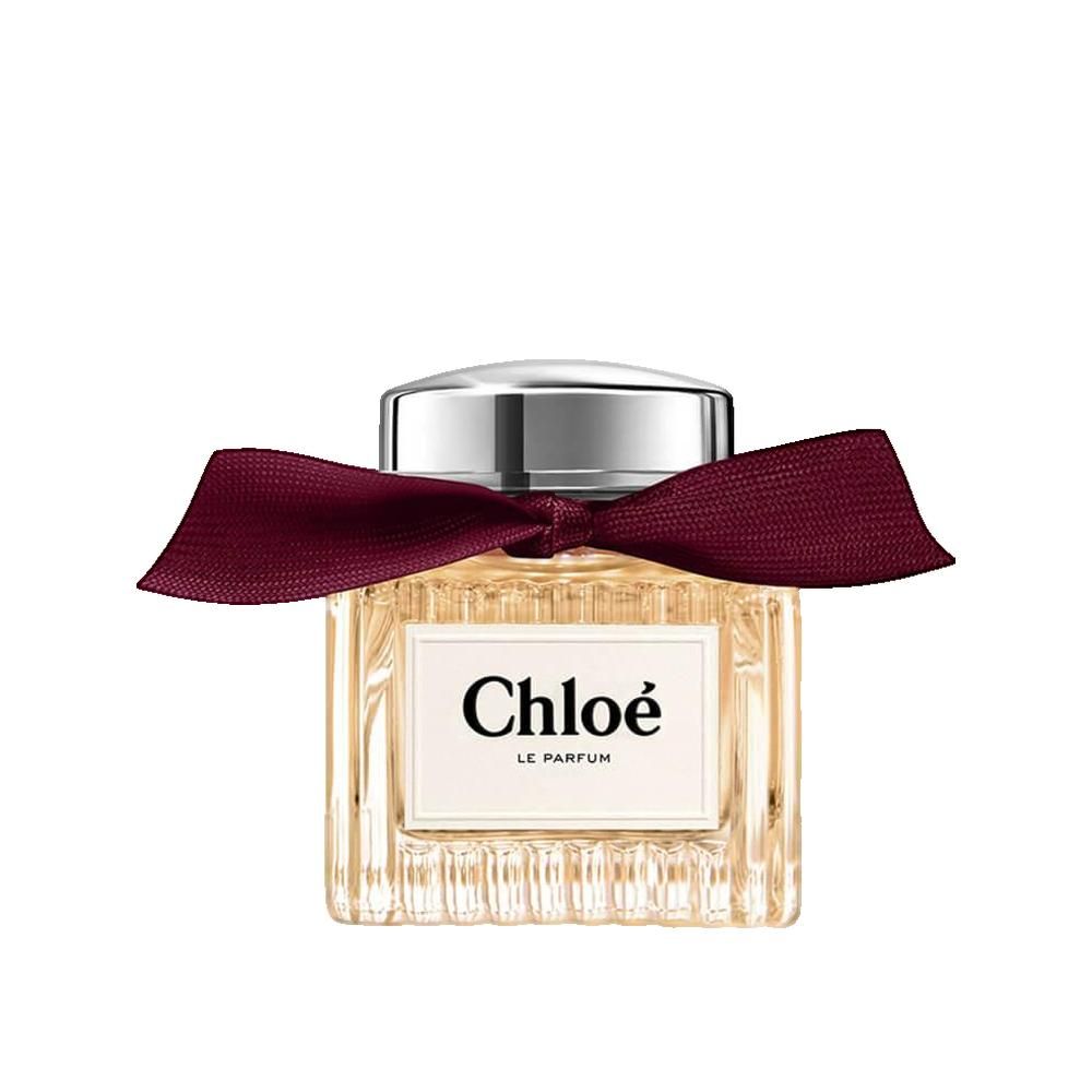 Quadratischer Flakon mit silbernem Deckel und Schleife. Aufschrift "Chloé Le Parfum".