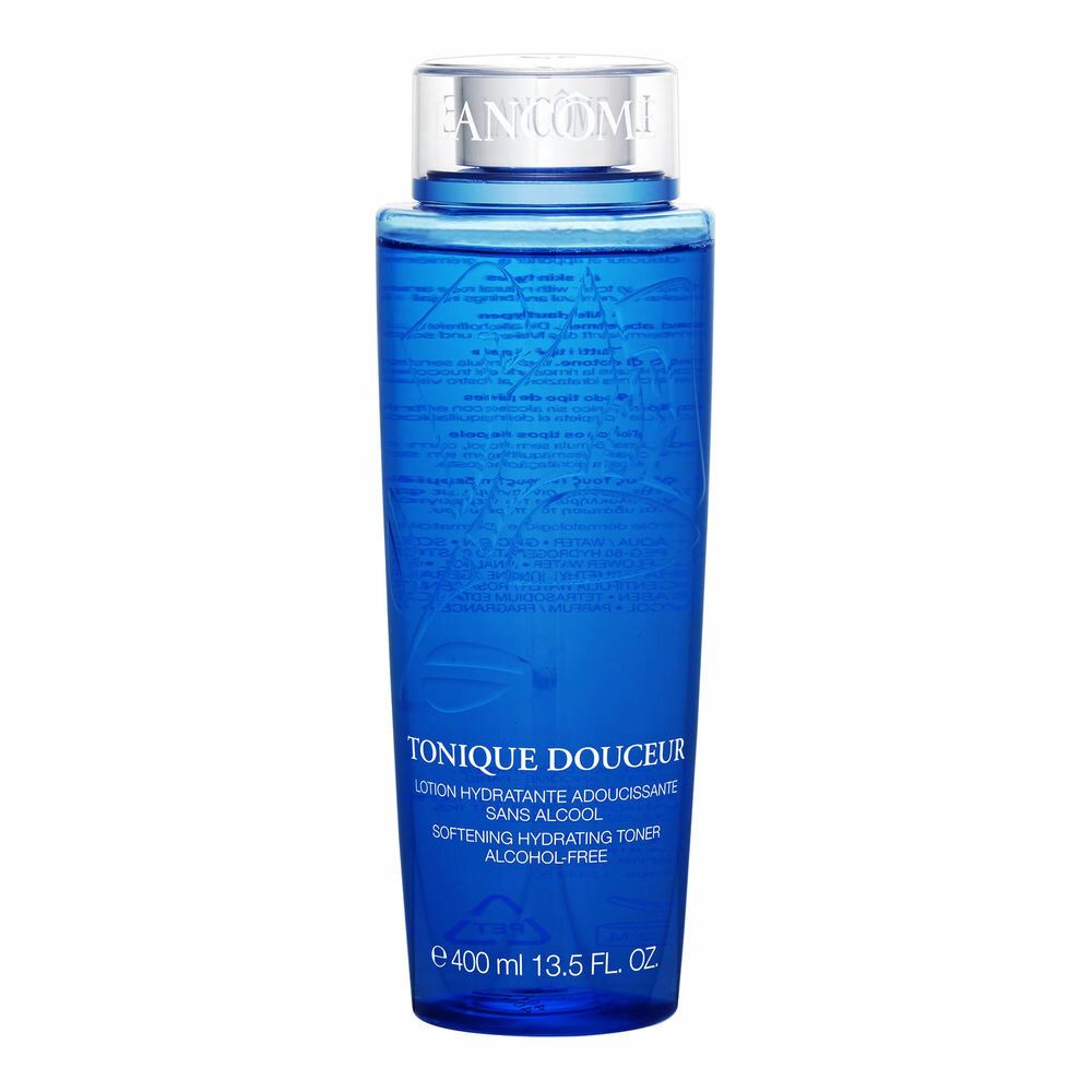 Blaues Gesichtswasser mit silbernem Deckel. Aufschrift: TONIQUE DOUCEUR, LANCÔME. 400 ml. Ohne Alkohol.
