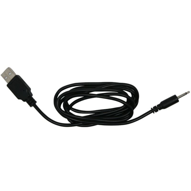 Schwarzes USB-Ladekabel mit 3,5-mm-Klinkenstecker.