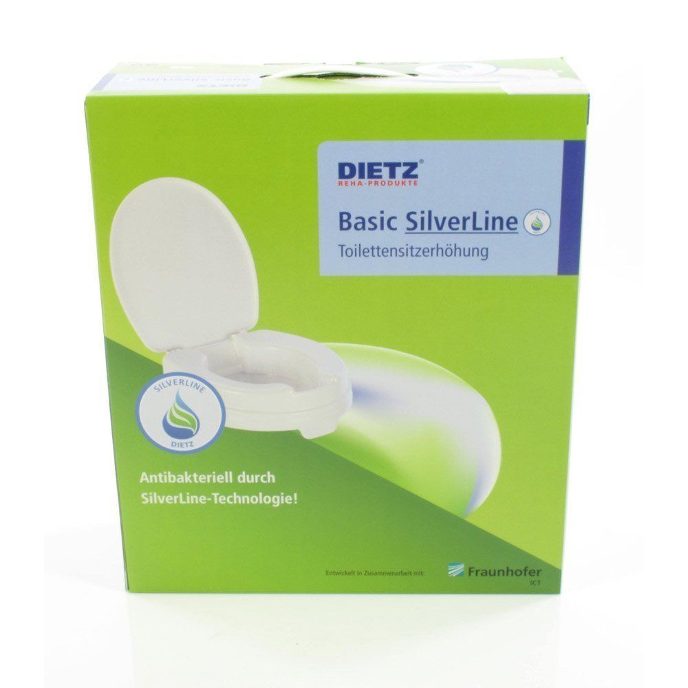 Verpackung der Toilettensitzerhöhung. Grün mit Produktabbildung. Text: Basic SilverLine, antibakteriell, Fraunhofer.