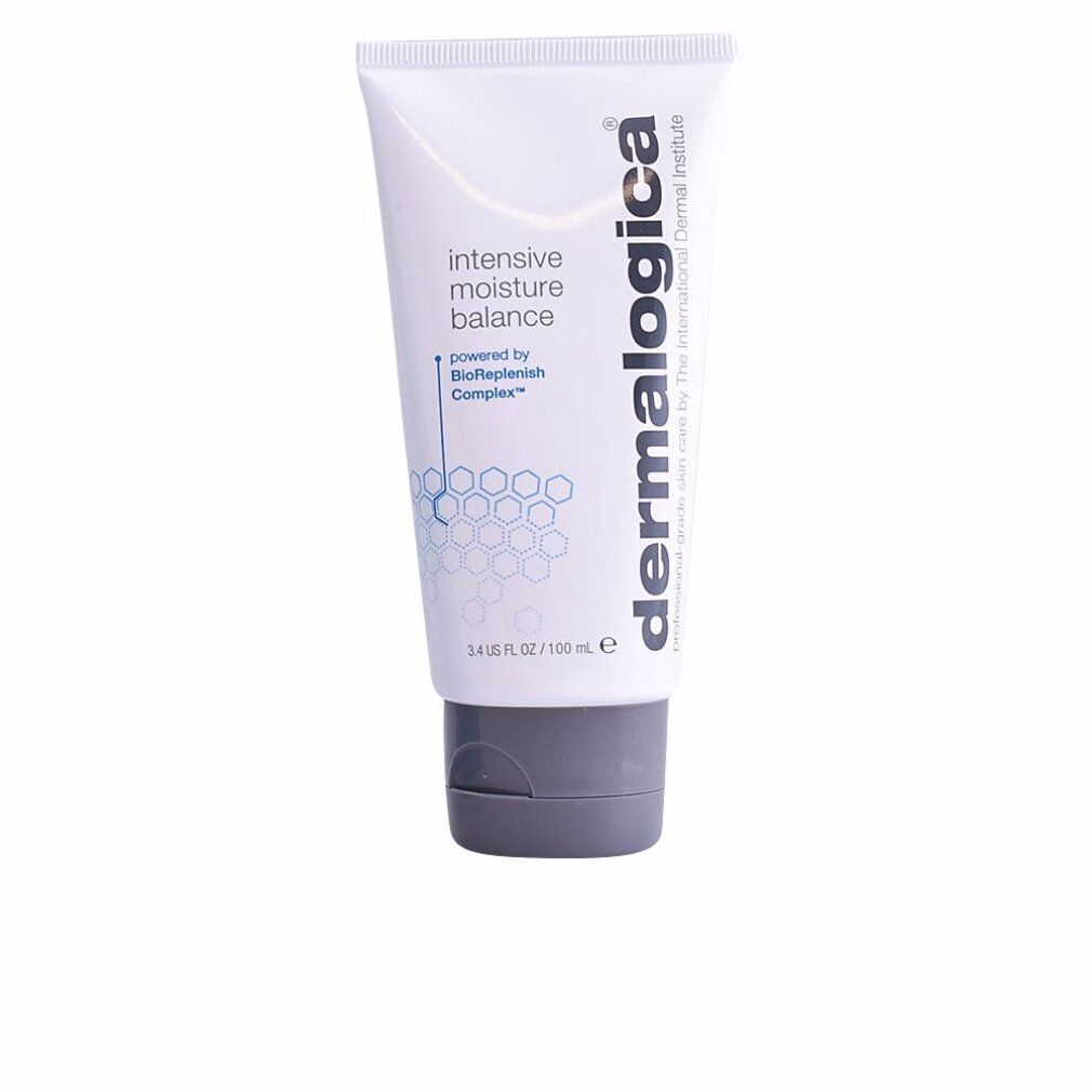 Weiße Tube mit grauer Kappe. Aufschrift: intensive moisture balance, Dermalogica. 3.4 US FL OZ / 100 mL.