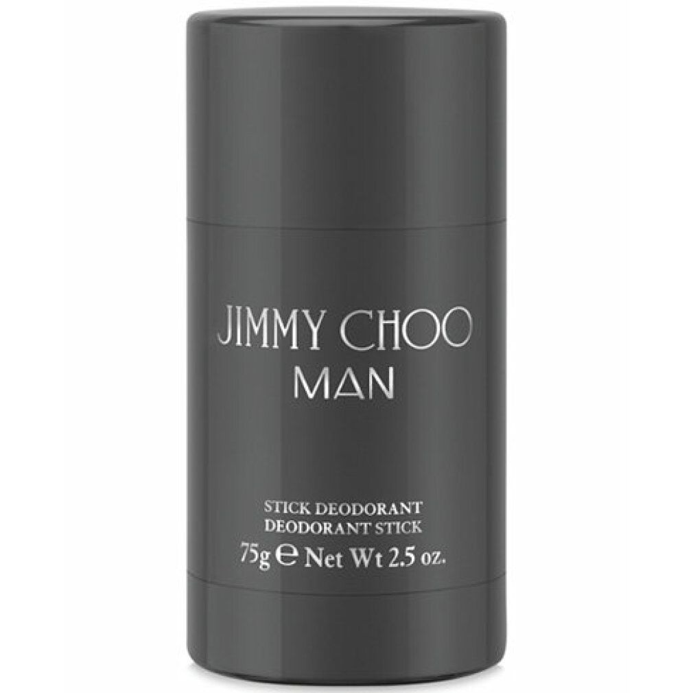 Grauer Deostift. Aufschrift: JIMMY CHOO MAN, STICK DEODORANT, 75g e Net Wt 2.5 oz.
