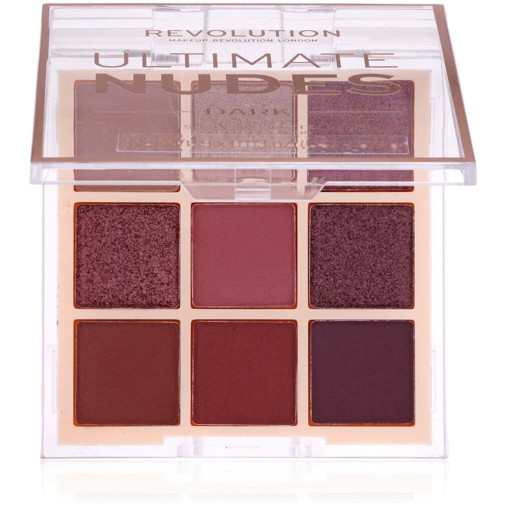 Lidschatten-Palette mit sechs Farbtönen. Transparenter Deckel. Aufschrift: ULTIMATE NUDES DARK. Farbtöne: Rosa, Braun, Dunkelbraun. Quadratische Verpackung.