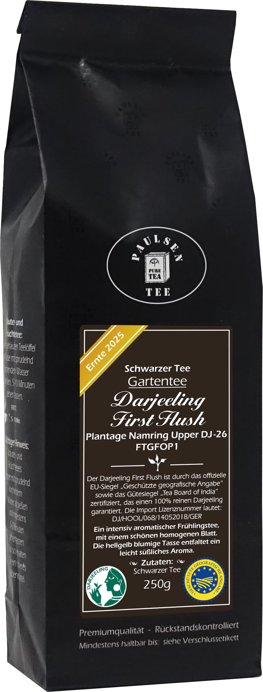 Schwarzer Tee Darjeeling First Flush Plantage Namring Upper. Schwarze Verpackung mit Text und Logo. EU-Siegel.