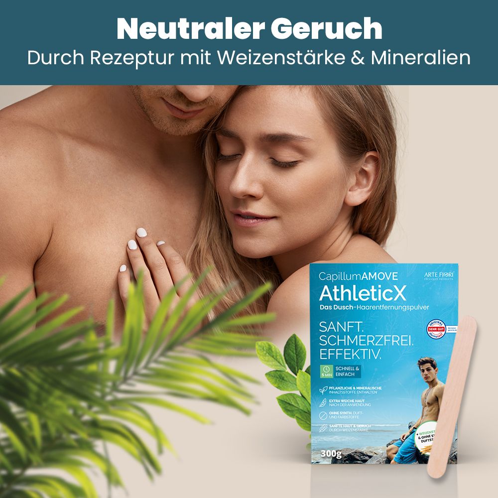 Paar umarmt sich. CapillumAMOVE AthleticX-Produkt mit Spatel und Blättern. 300g Packung. Sanft, schmerzfrei, effektiv.