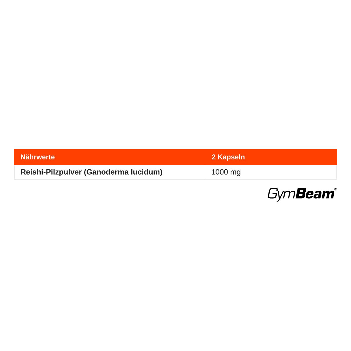 GymBeam Reishi Kapseln: Nährwertangaben zeigen 1000 mg Reishi-Pilzpulver pro 2 Kapseln.