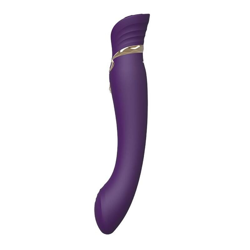 Lila Vibrator mit geschwungener Form. Goldfarbener Ring am Kopf. Runde Basis.