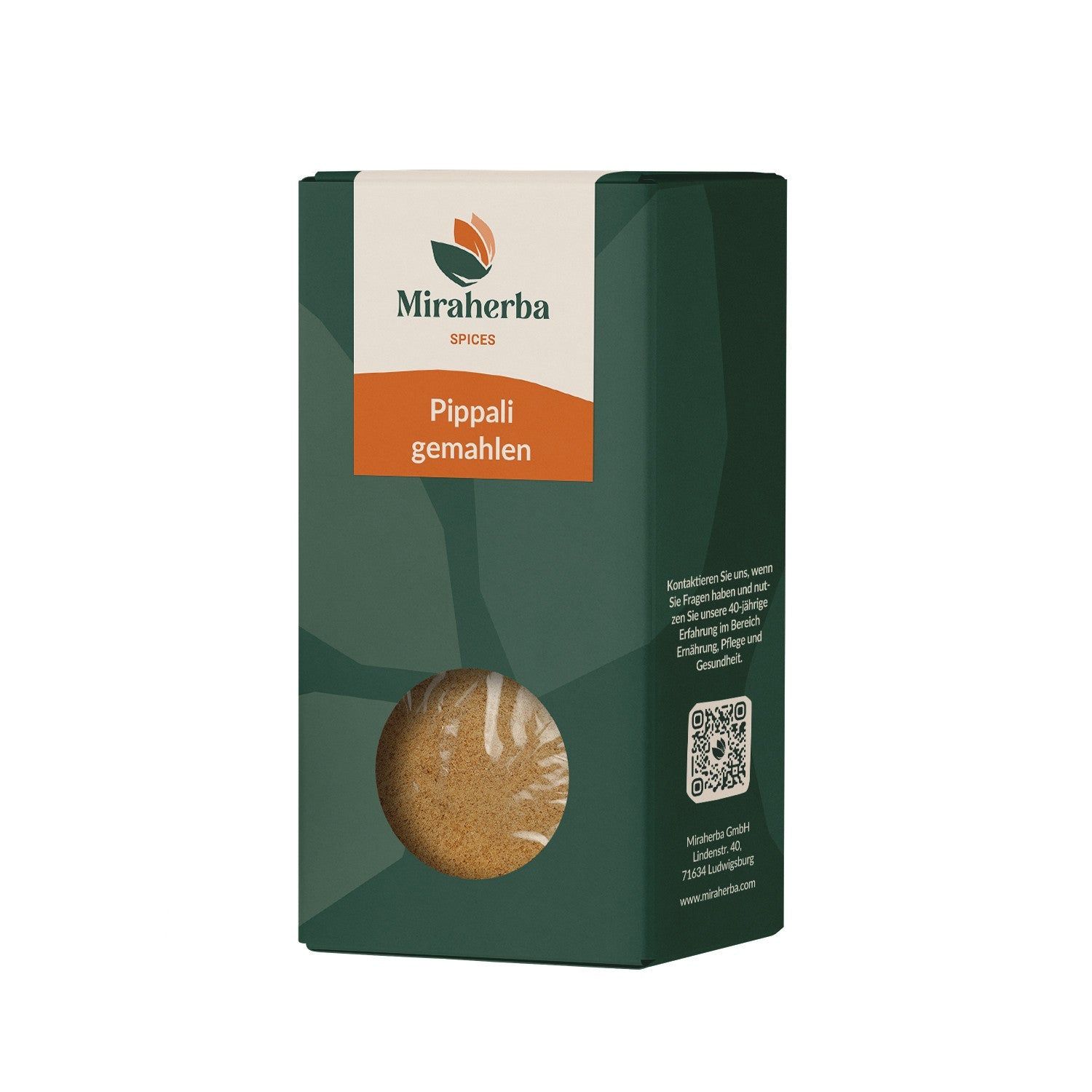 Miraherba Bio Pippali gemahlen Gewürz in dunkler Verpackung mit Sichtfenster.