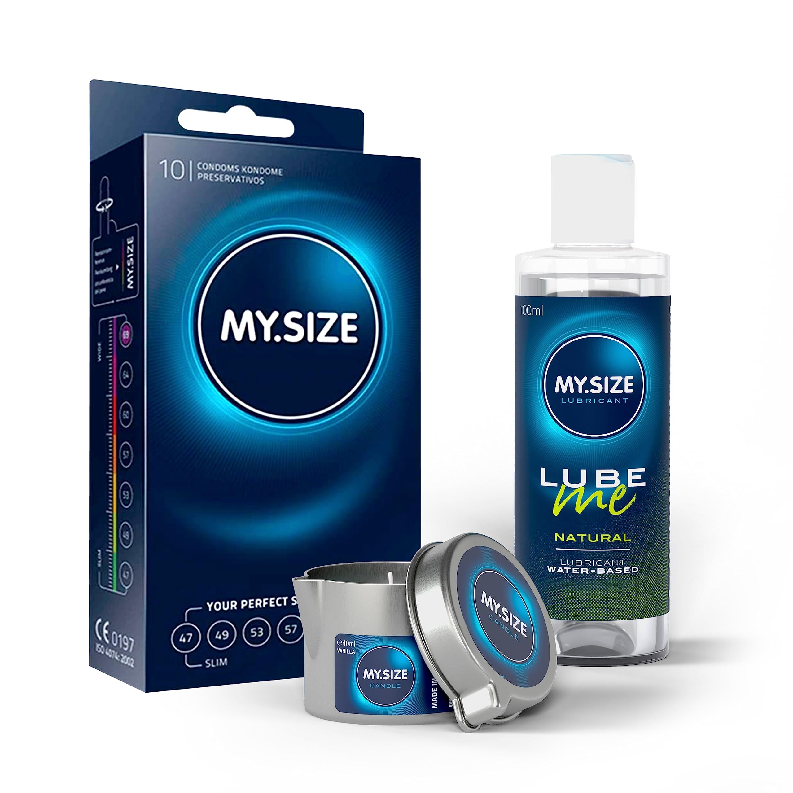 MY.SIZE Kondom-Packung, Gleitmittel-Flasche und Dose.