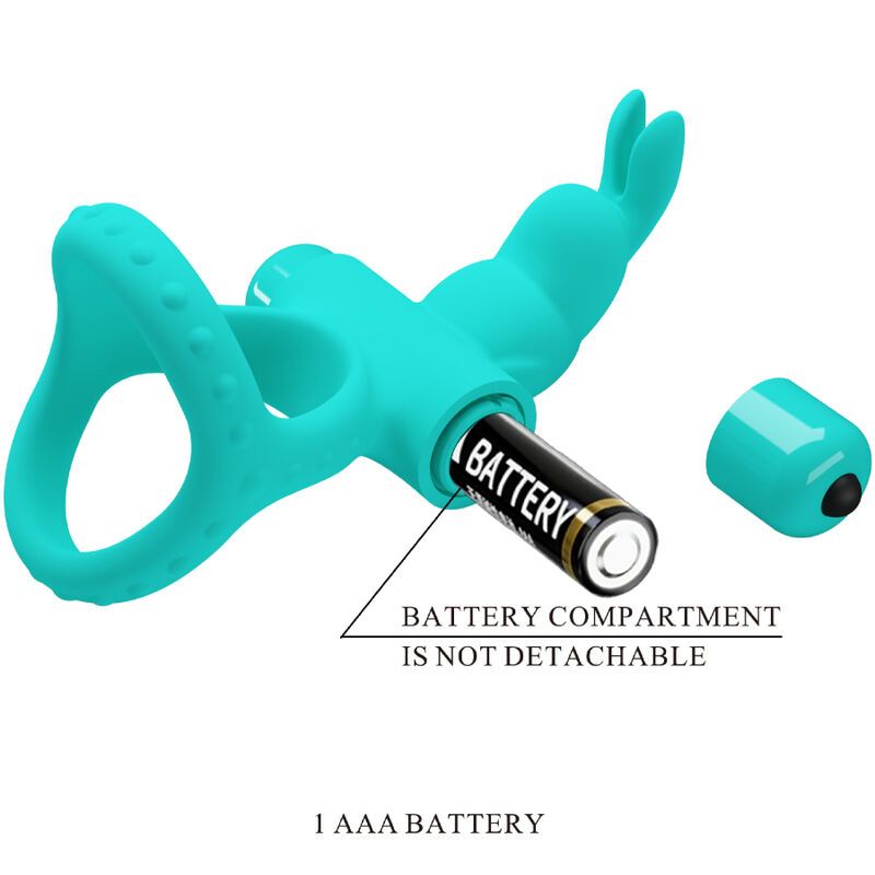 Türkisfarbener Ringvibrator mit Batteriefach. Benötigt 1 AAA-Batterie.